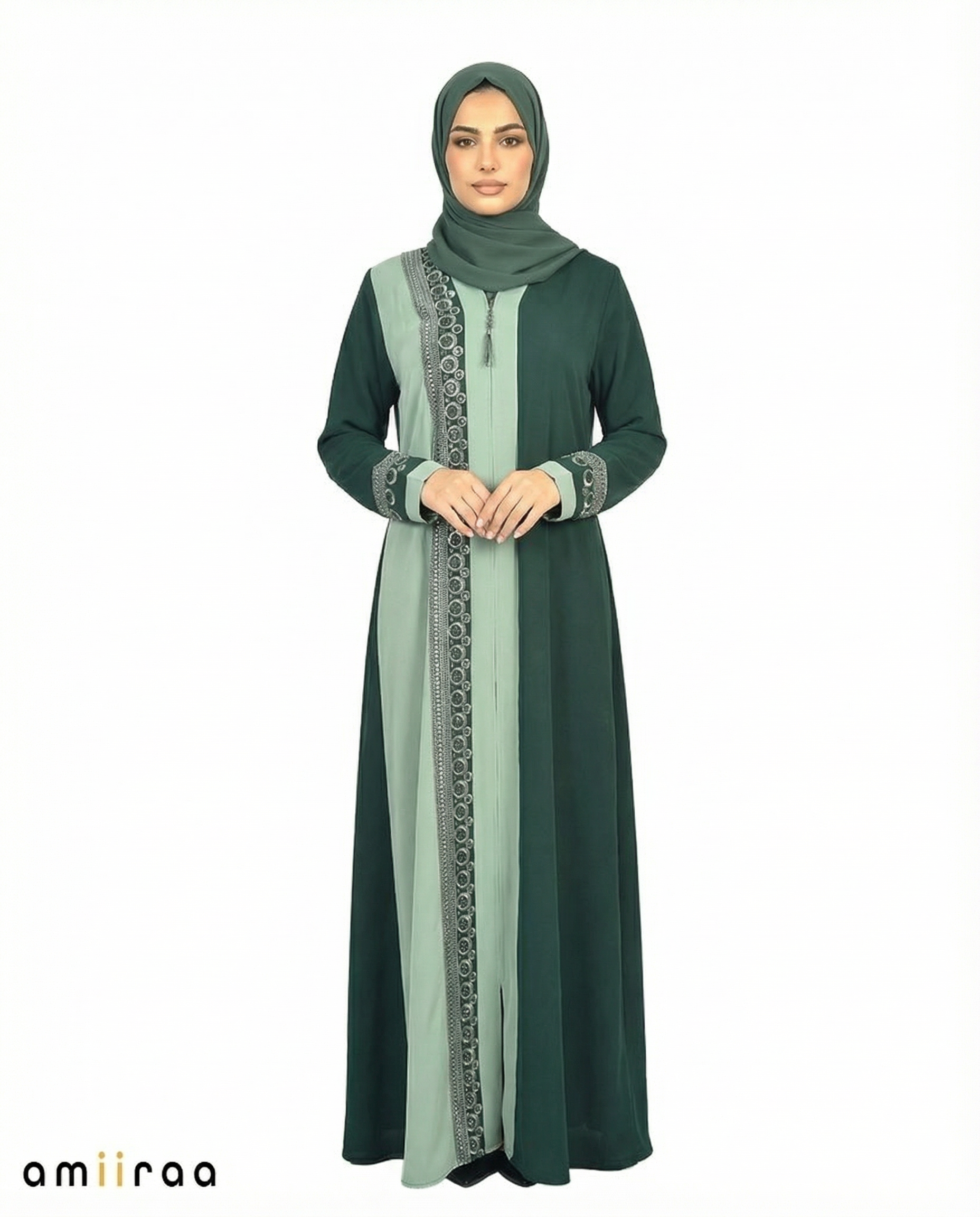 Mineral Blue Desert Taupe Two-Tone Embroidered Panel Abaya