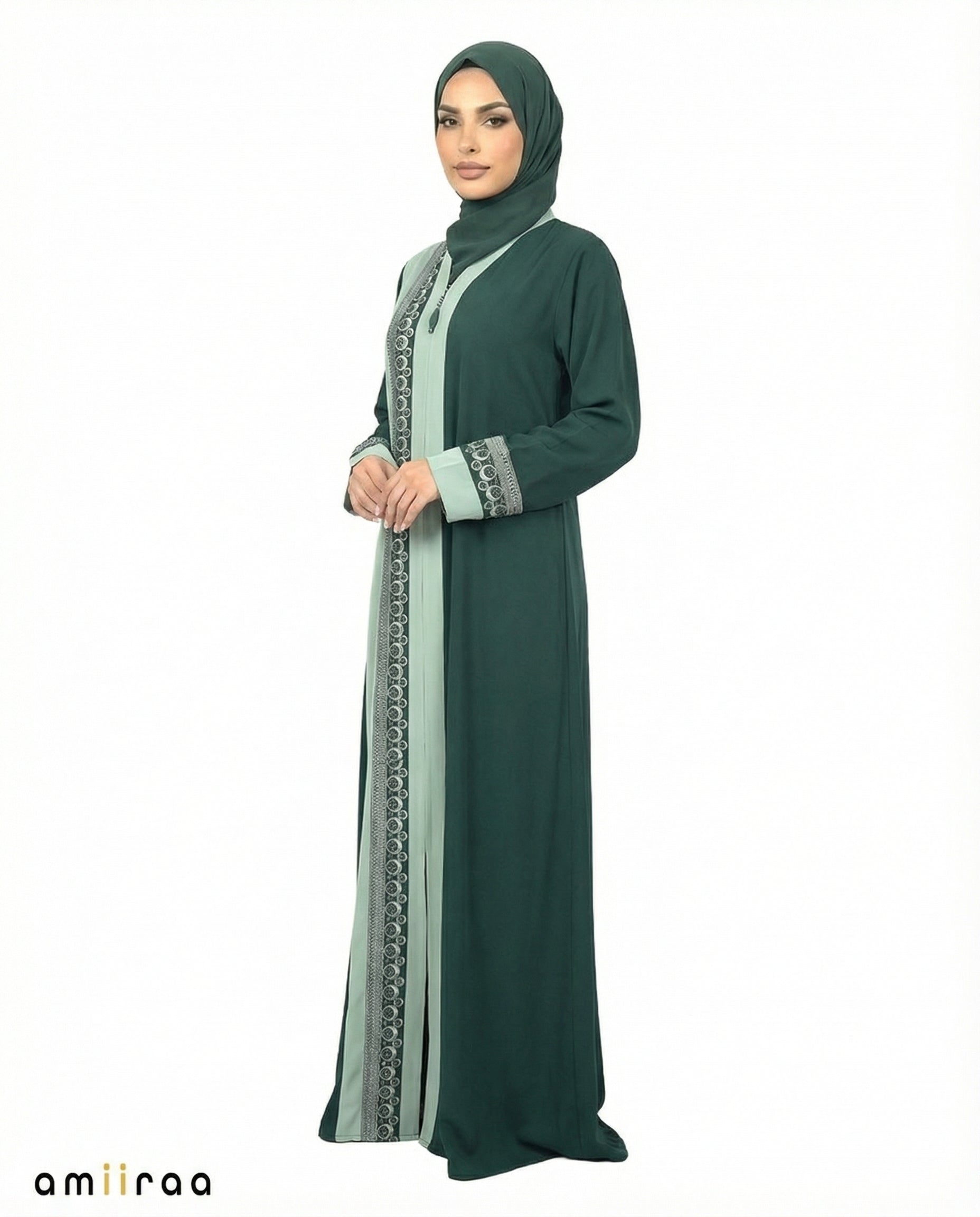 Mineral Blue Desert Taupe Two-Tone Embroidered Panel Abaya