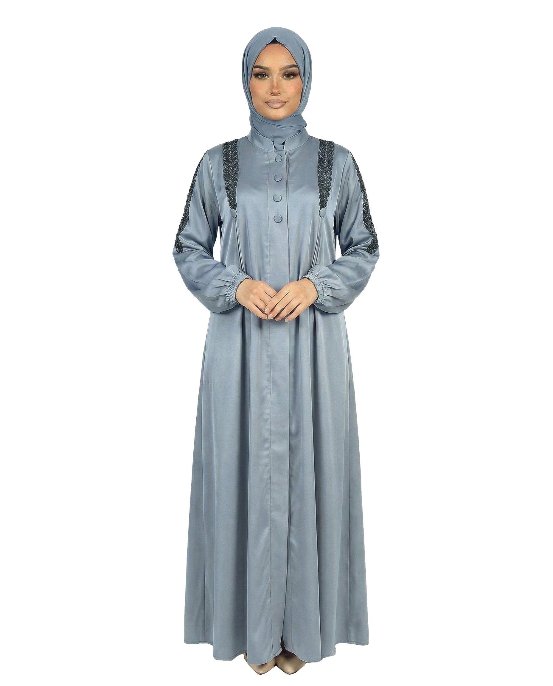 Button Detail Modest Abaya with Braided Trim - Graystone