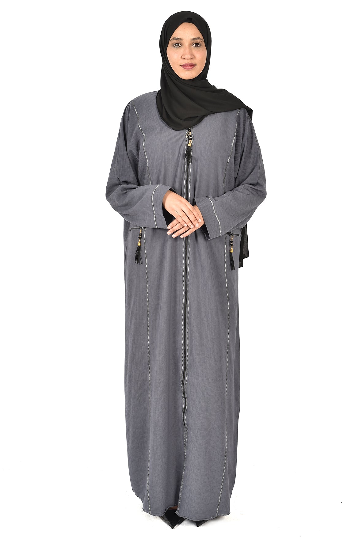 Elegant Grey Abaya with Front Zipper – Modern and Practical Design ( ladies abaya )