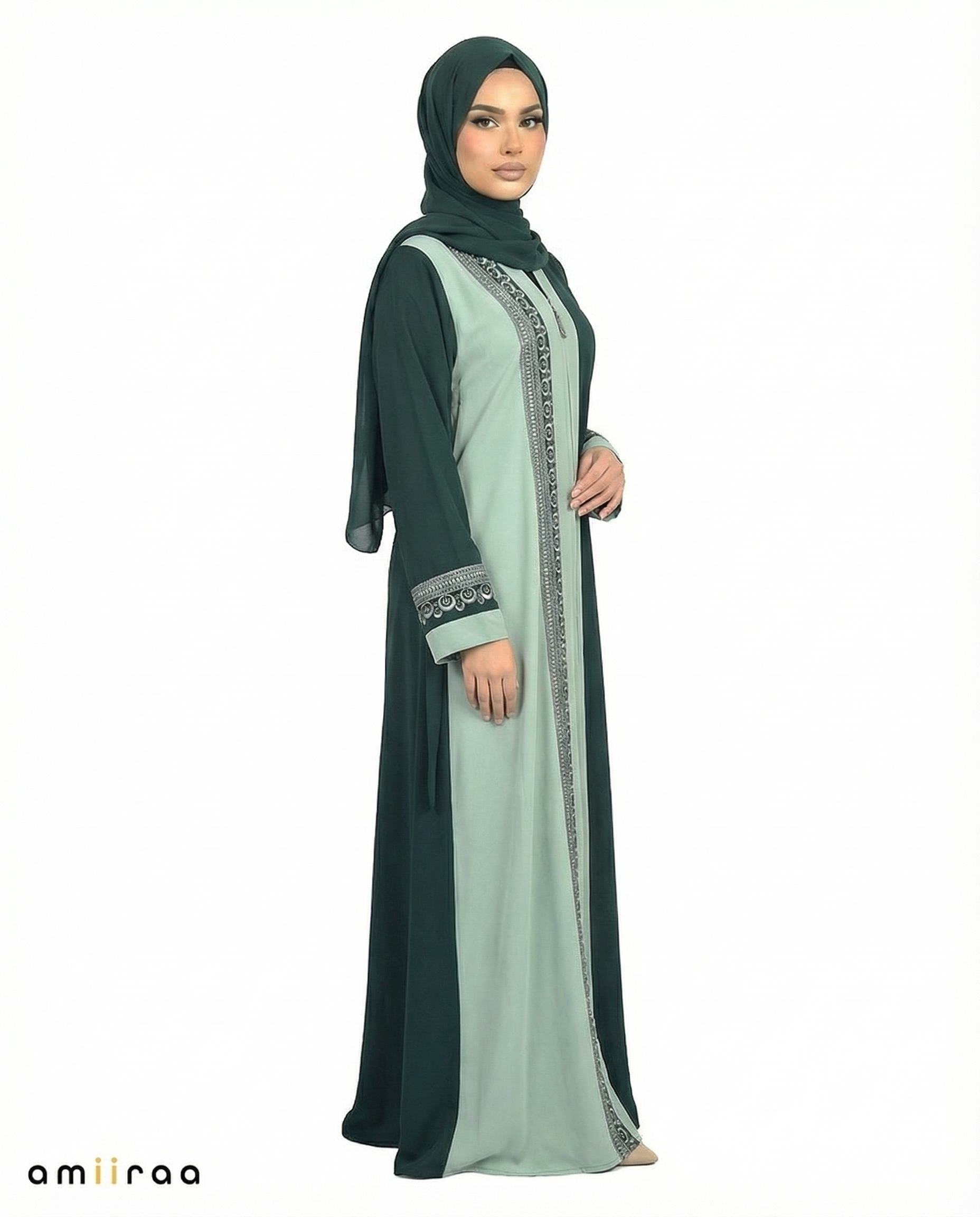 Mineral Blue Desert Taupe Two-Tone Embroidered Panel Abaya