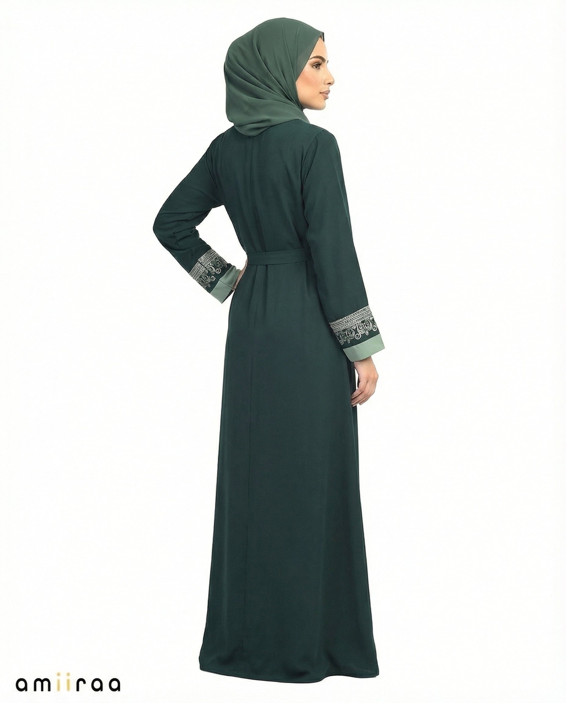 Mineral Blue Desert Taupe Two-Tone Embroidered Panel Abaya