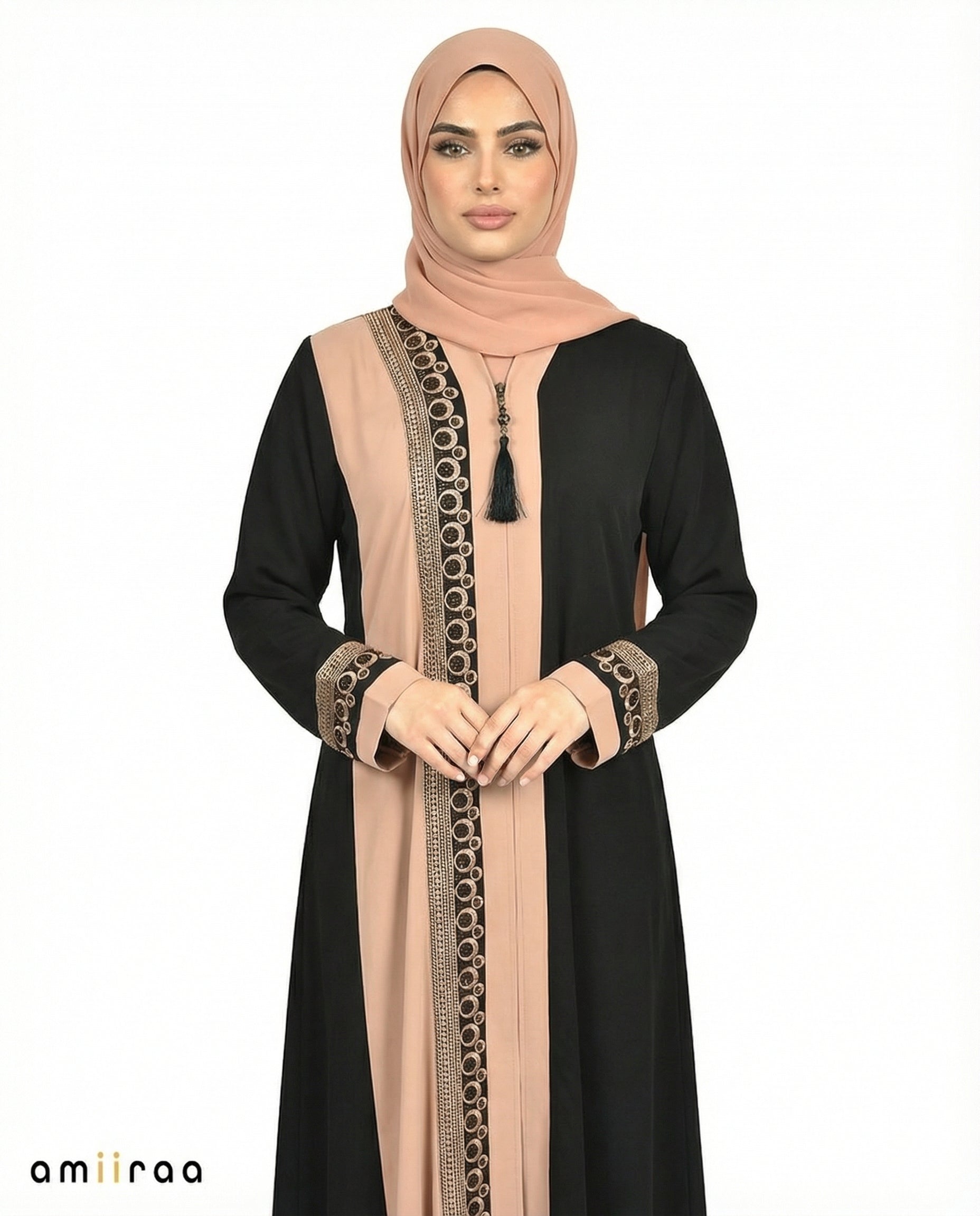 Greige Two-Tone Embroidered Panel Abaya
