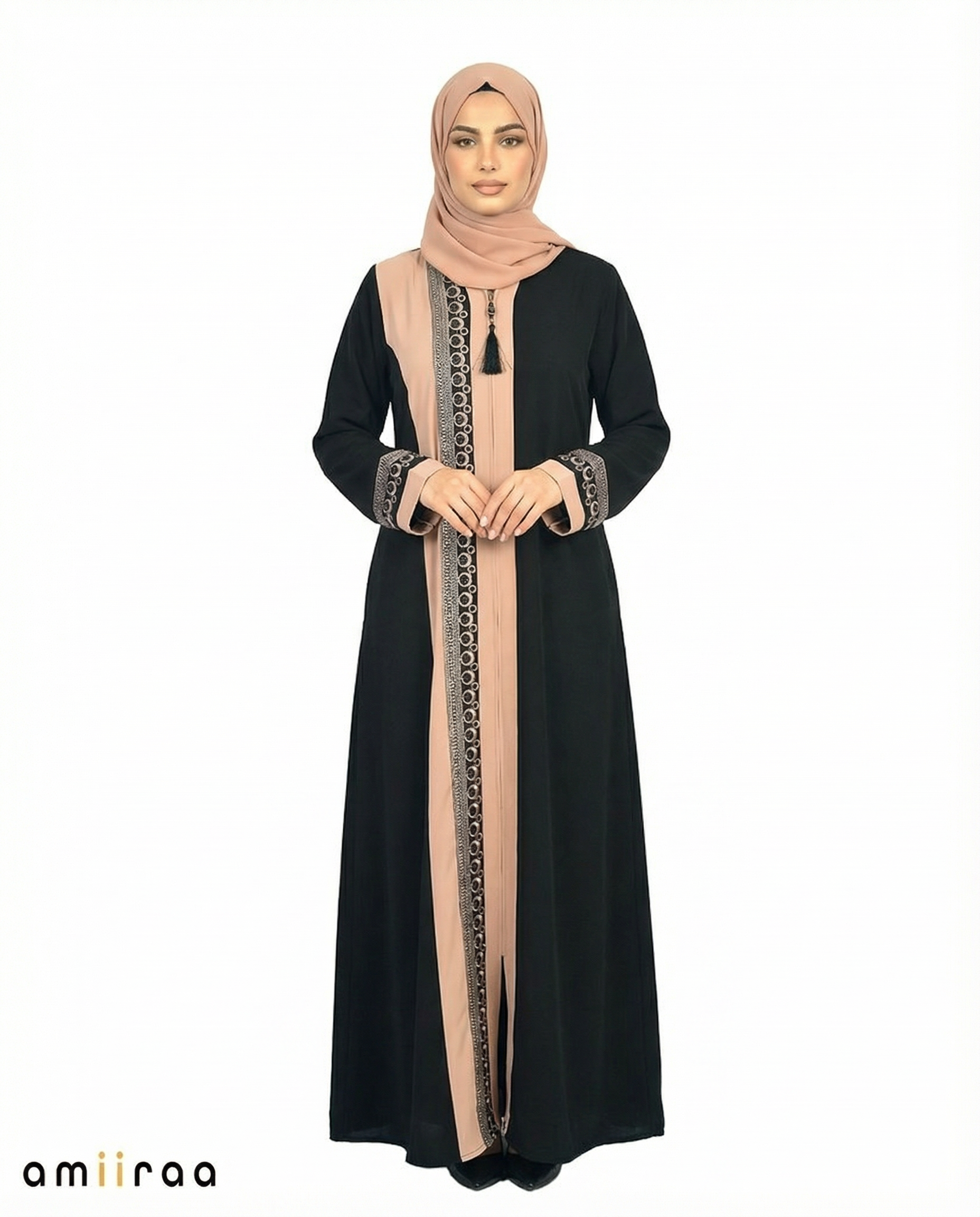 Greige Two-Tone Embroidered Panel Abaya