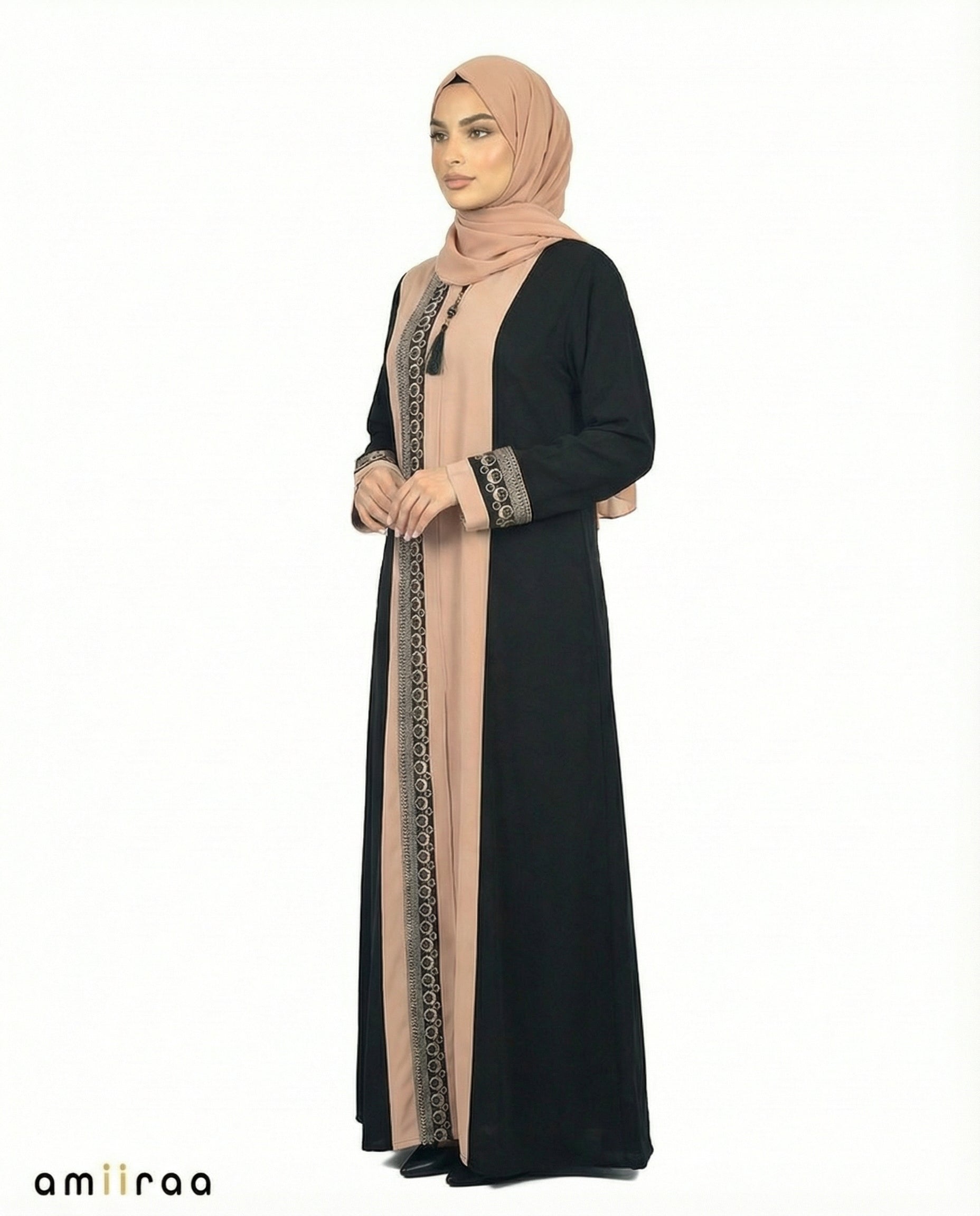 Greige Two-Tone Embroidered Panel Abaya