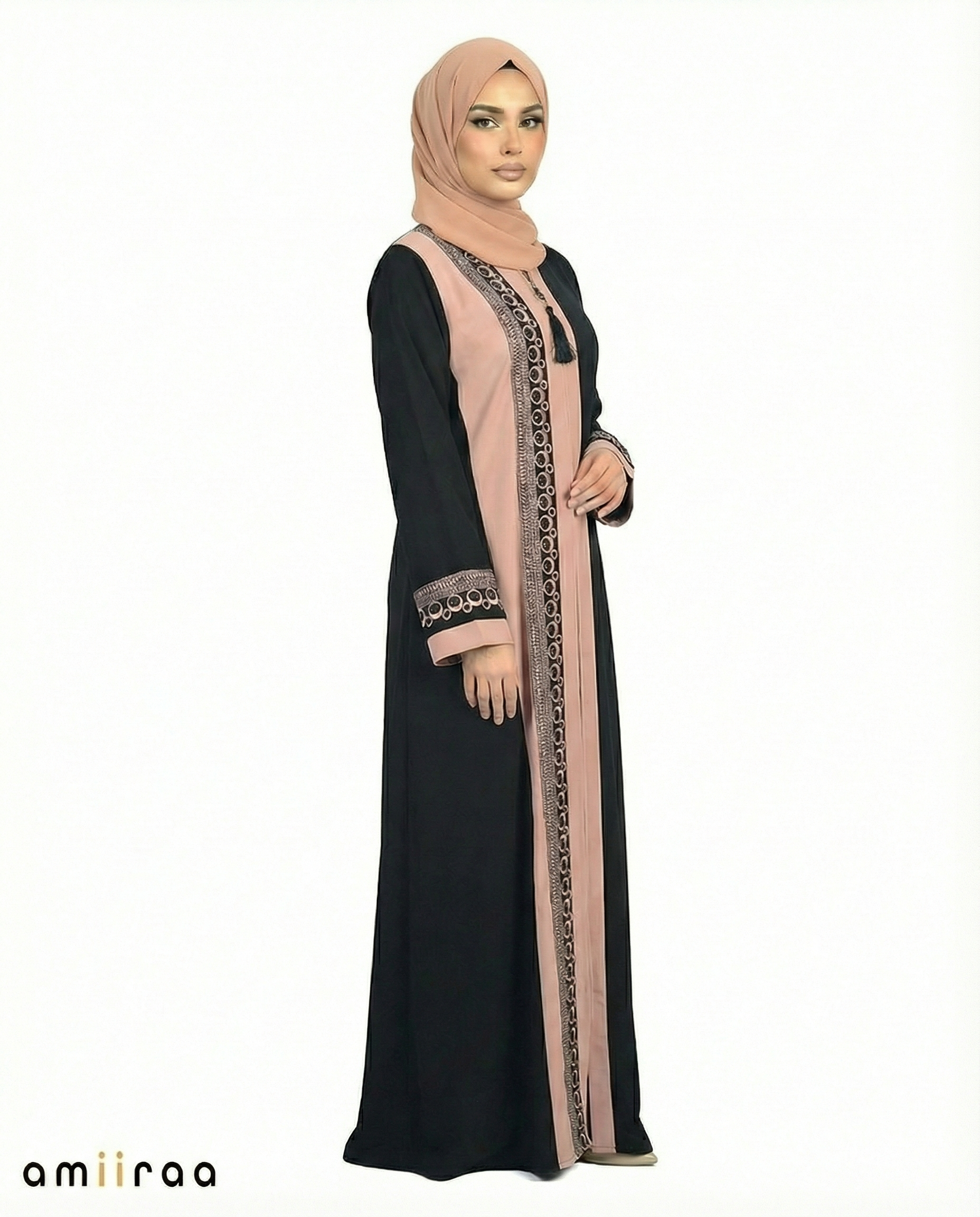 Greige Two-Tone Embroidered Panel Abaya