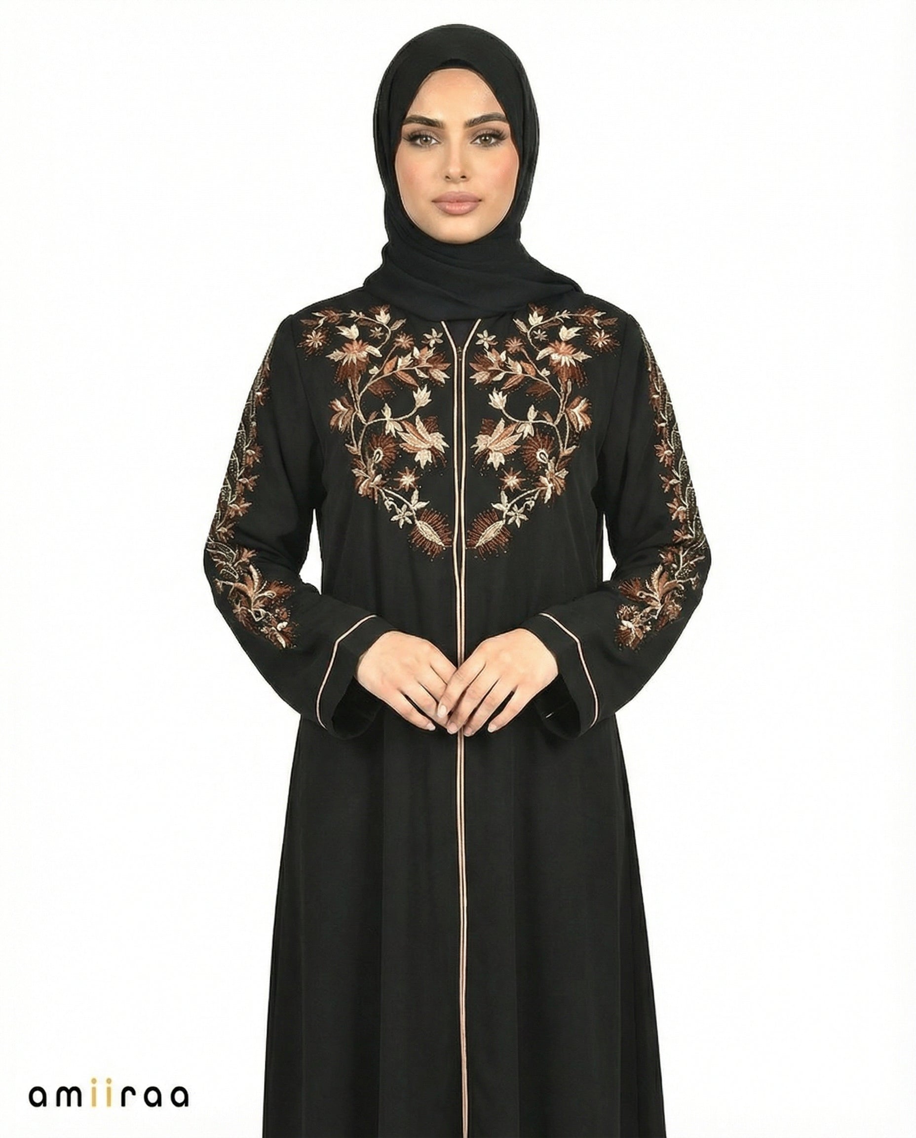 Anthracite Elegant Floral Embroidered Hooded Abaya