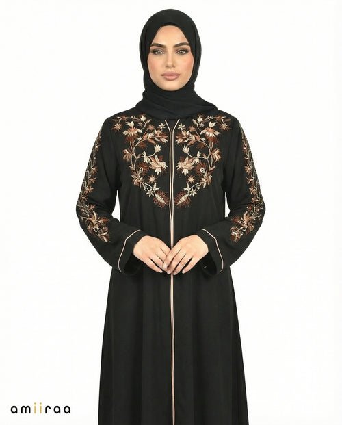 Anthracite Garden Embroidered Hooded Zip Abaya