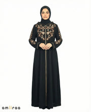 Anthracite Elegant Floral Embroidered Hooded Abaya