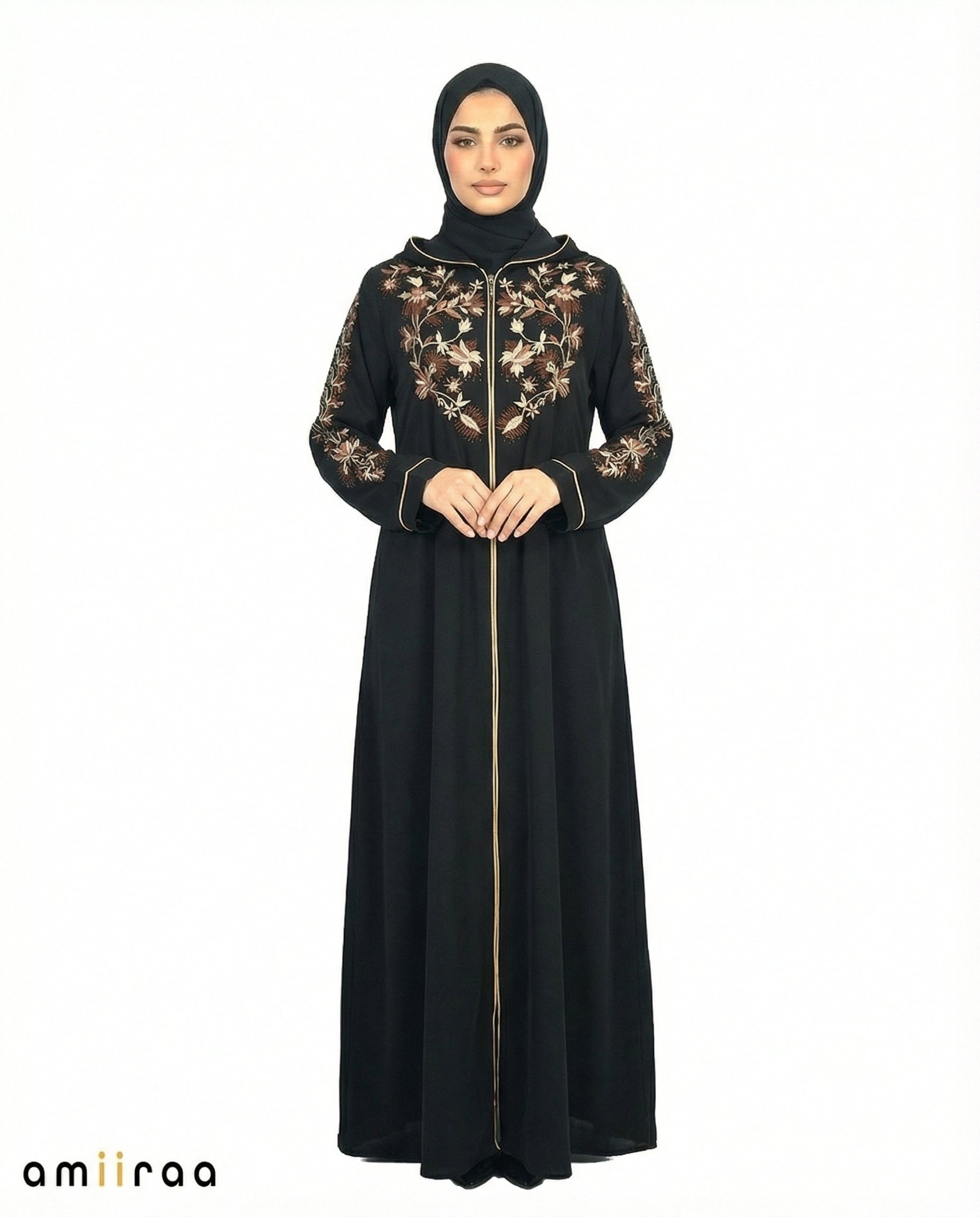 Anthracite Elegant Floral Embroidered Hooded Abaya