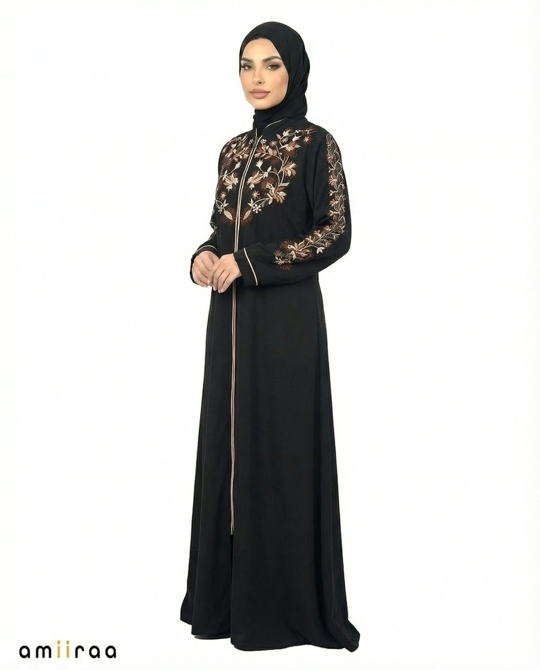 Anthracite Elegant Floral Embroidered Hooded Abaya