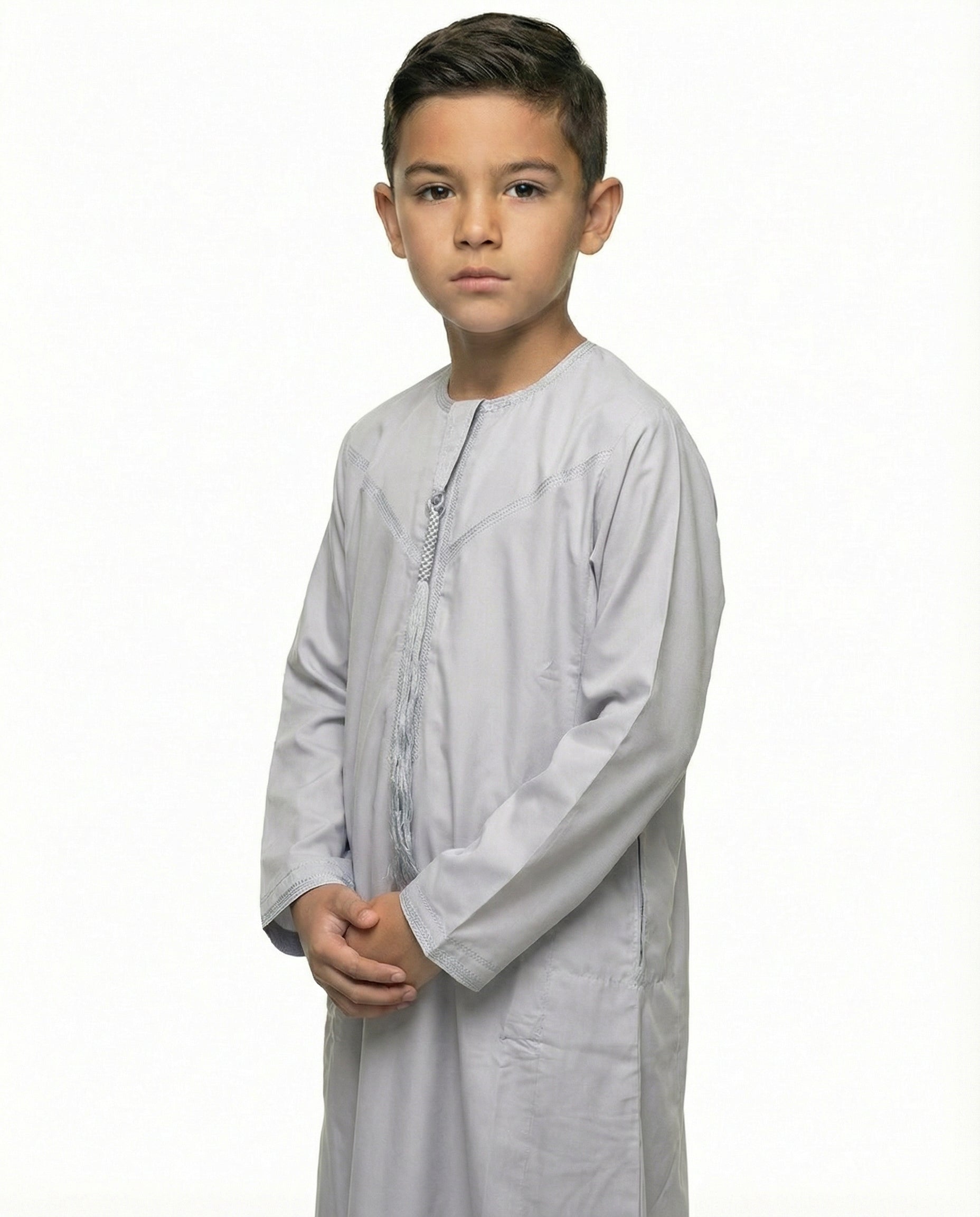 Gray Dawn Emirati Tassel Neck Thobe