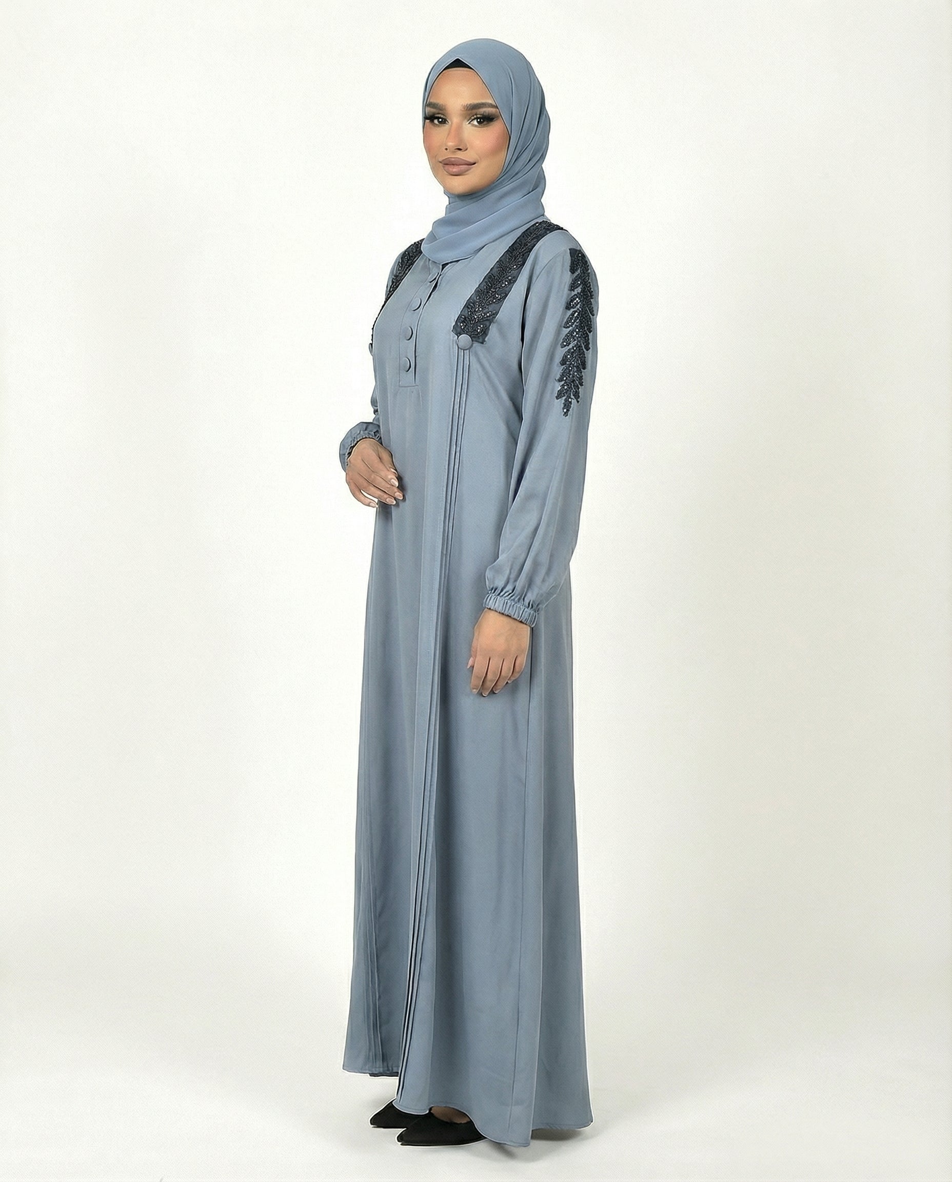 Button Detail Modest Abaya with Braided Trim - Lightest Sky