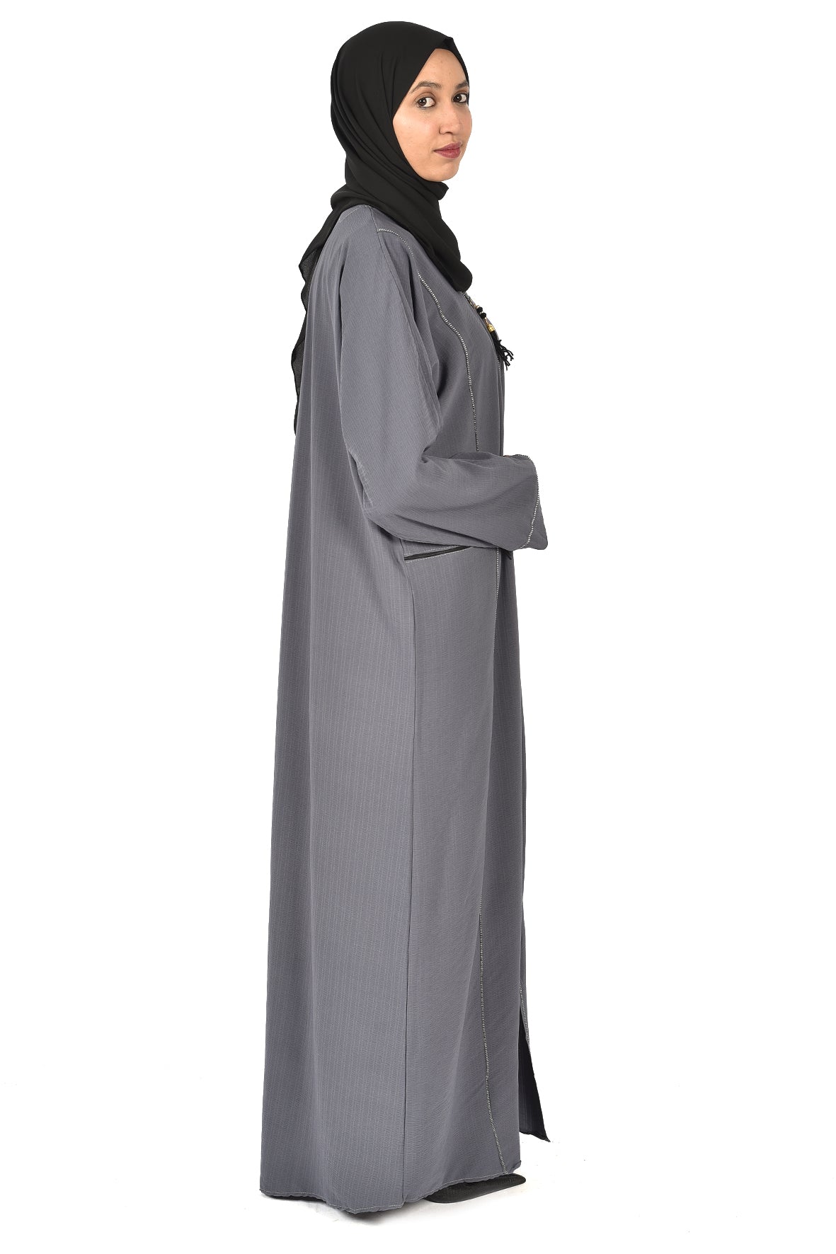Elegant Grey Abaya with Front Zipper – Modern and Practical Design ( ladies abaya )