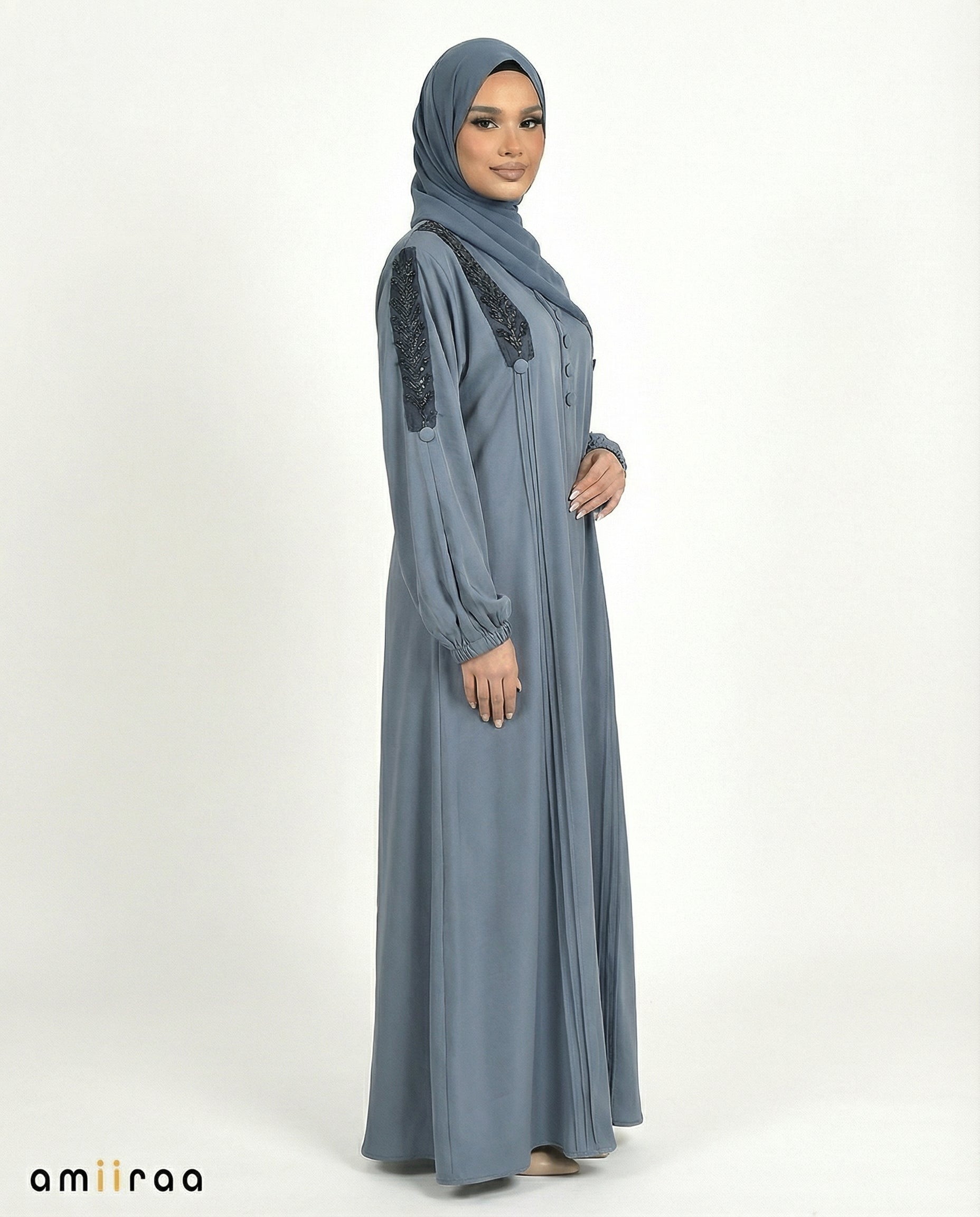 Button Detail Modest Abaya with Braided Trim - Graystone