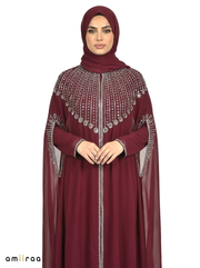 Maroon Banner Elegant Embellished Open Abaya with Sheer Cape