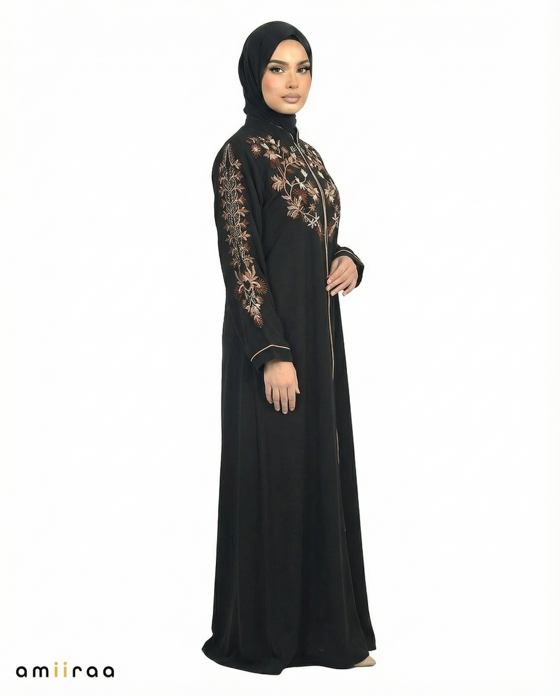 Anthracite Elegant Floral Embroidered Hooded Abaya