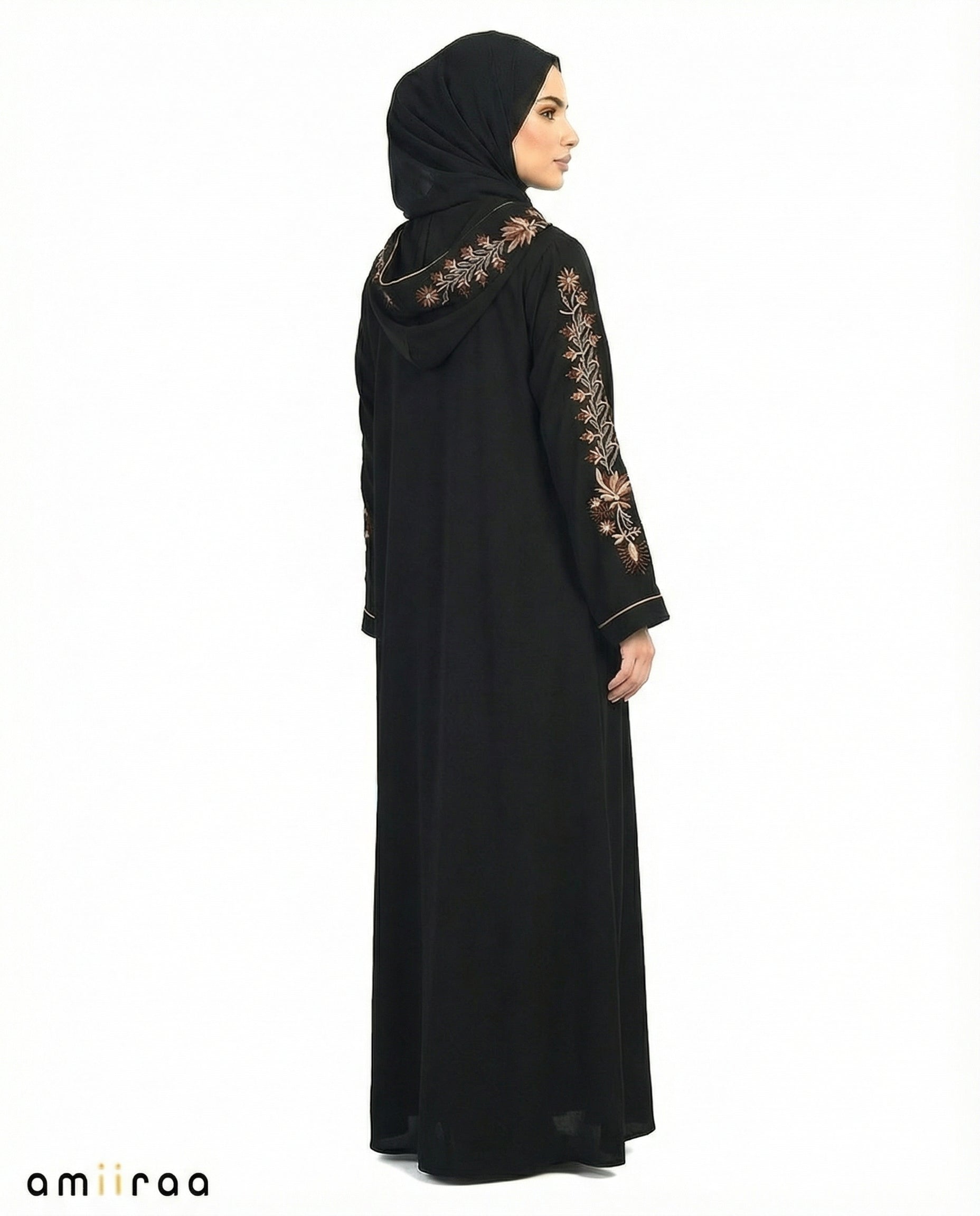 Anthracite Elegant Floral Embroidered Hooded Abaya