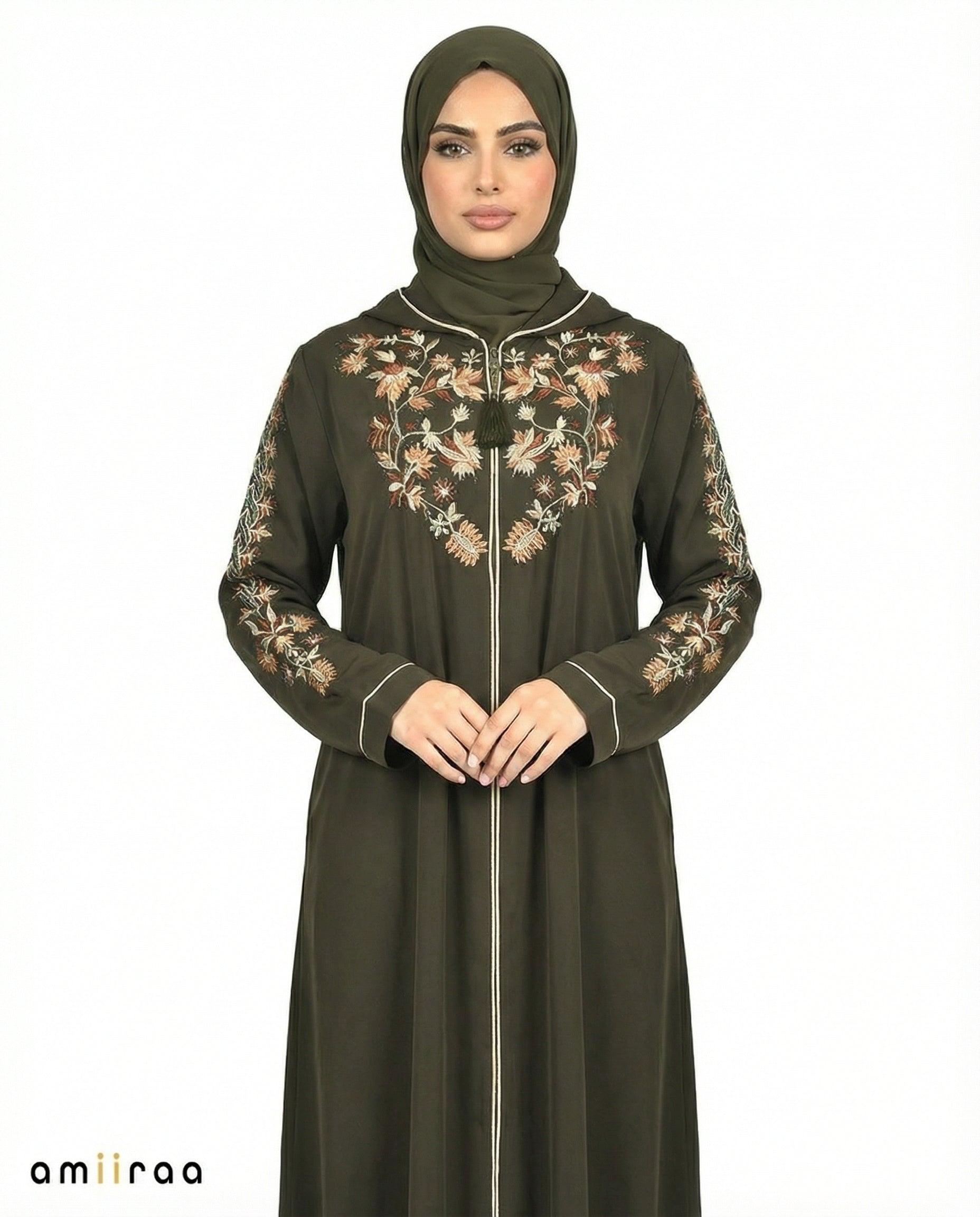 Deep Forest Elegant Floral Embroidered Hooded Abaya