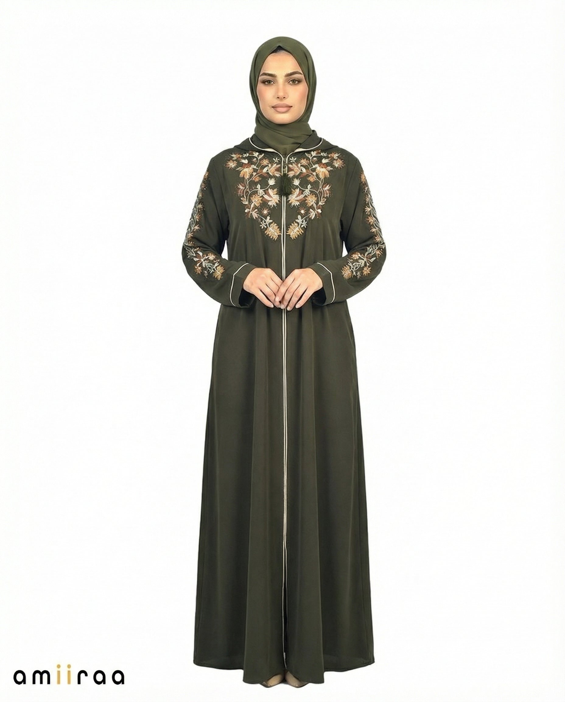 Deep Forest Elegant Floral Embroidered Hooded Abaya