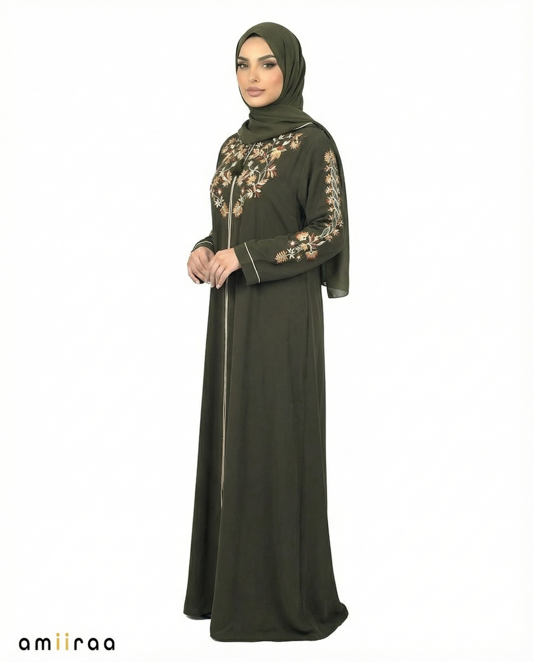 Deep Forest Elegant Floral Embroidered Hooded Abaya