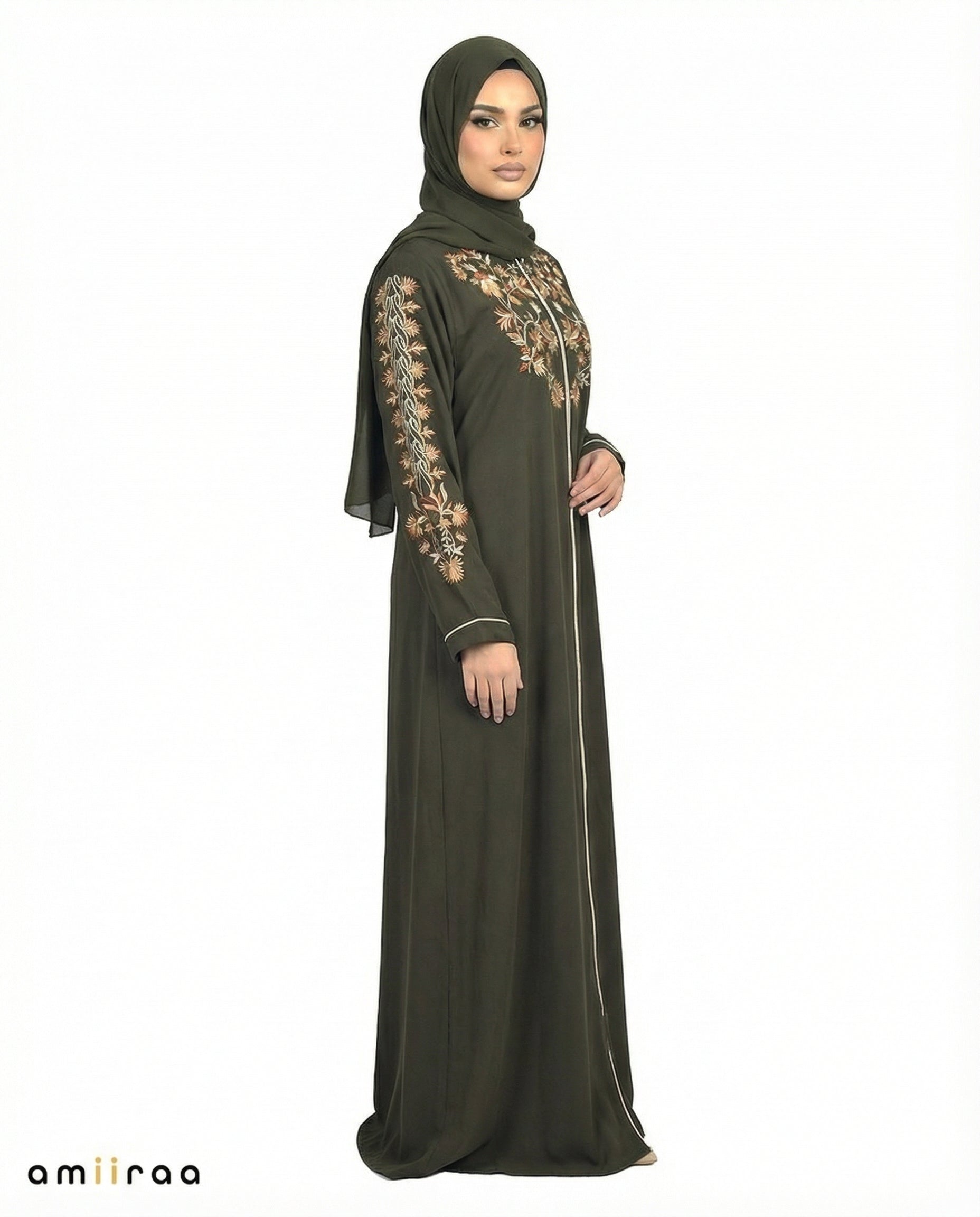 Deep Forest Elegant Floral Embroidered Hooded Abaya