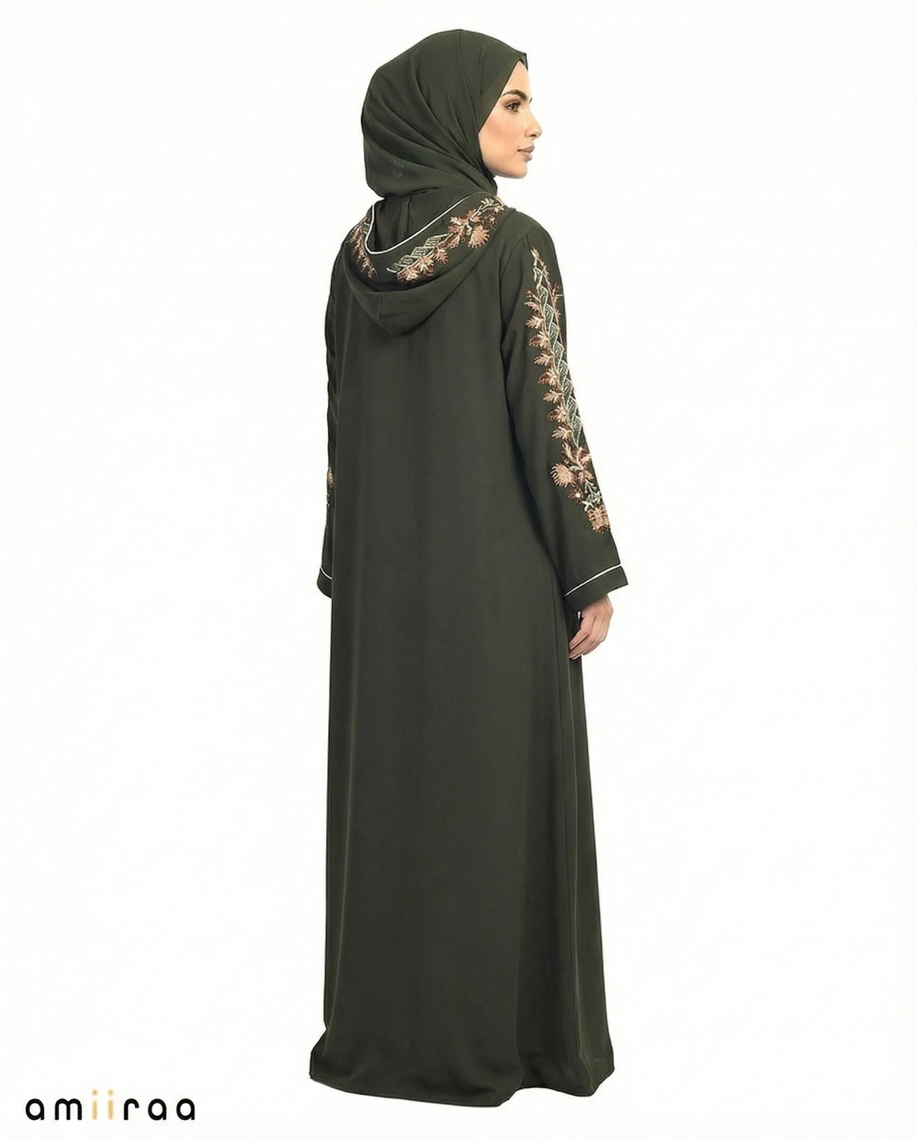 Deep Forest Elegant Floral Embroidered Hooded Abaya