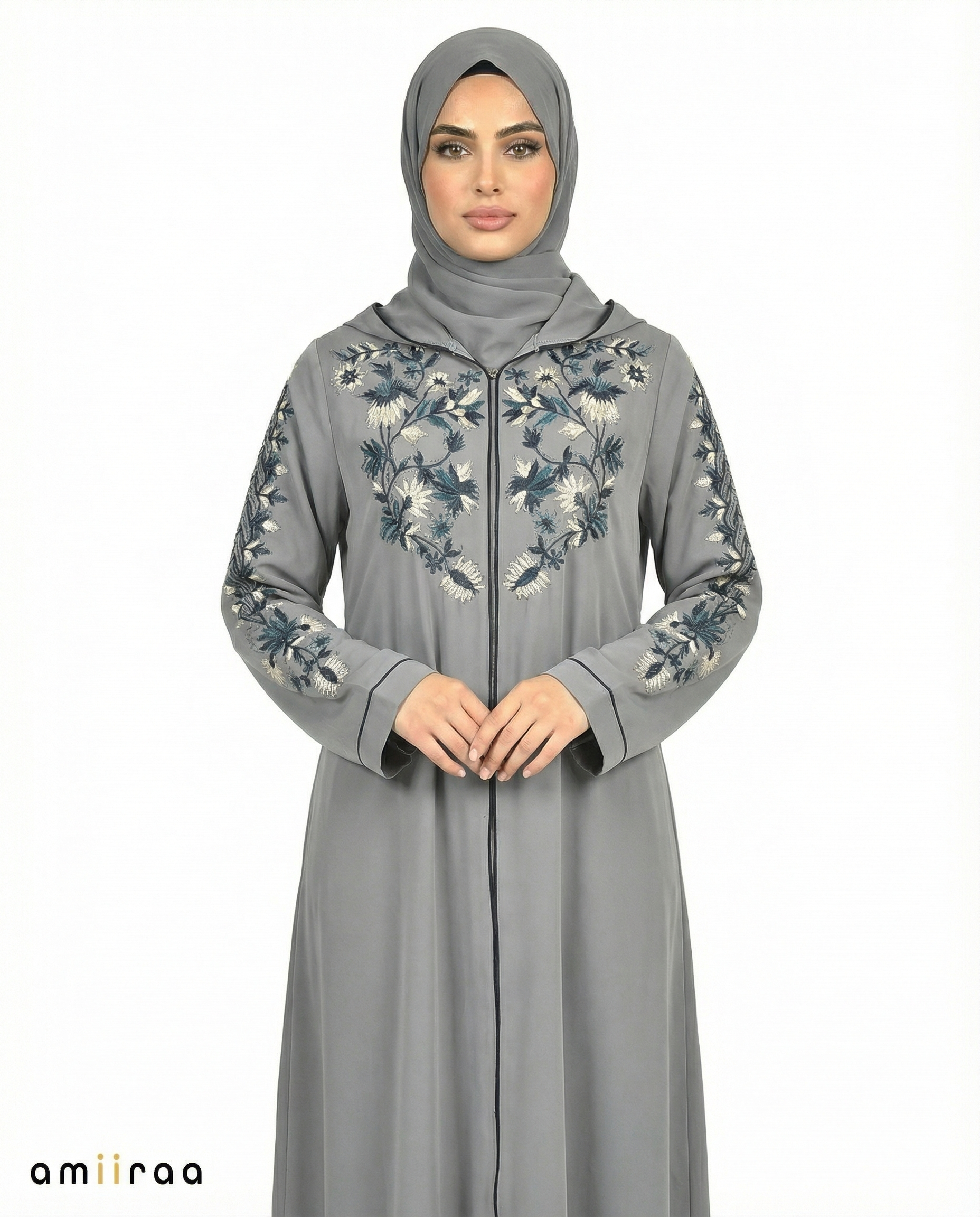Stormy Weather Garden Embroidered Hooded Zip Abaya
