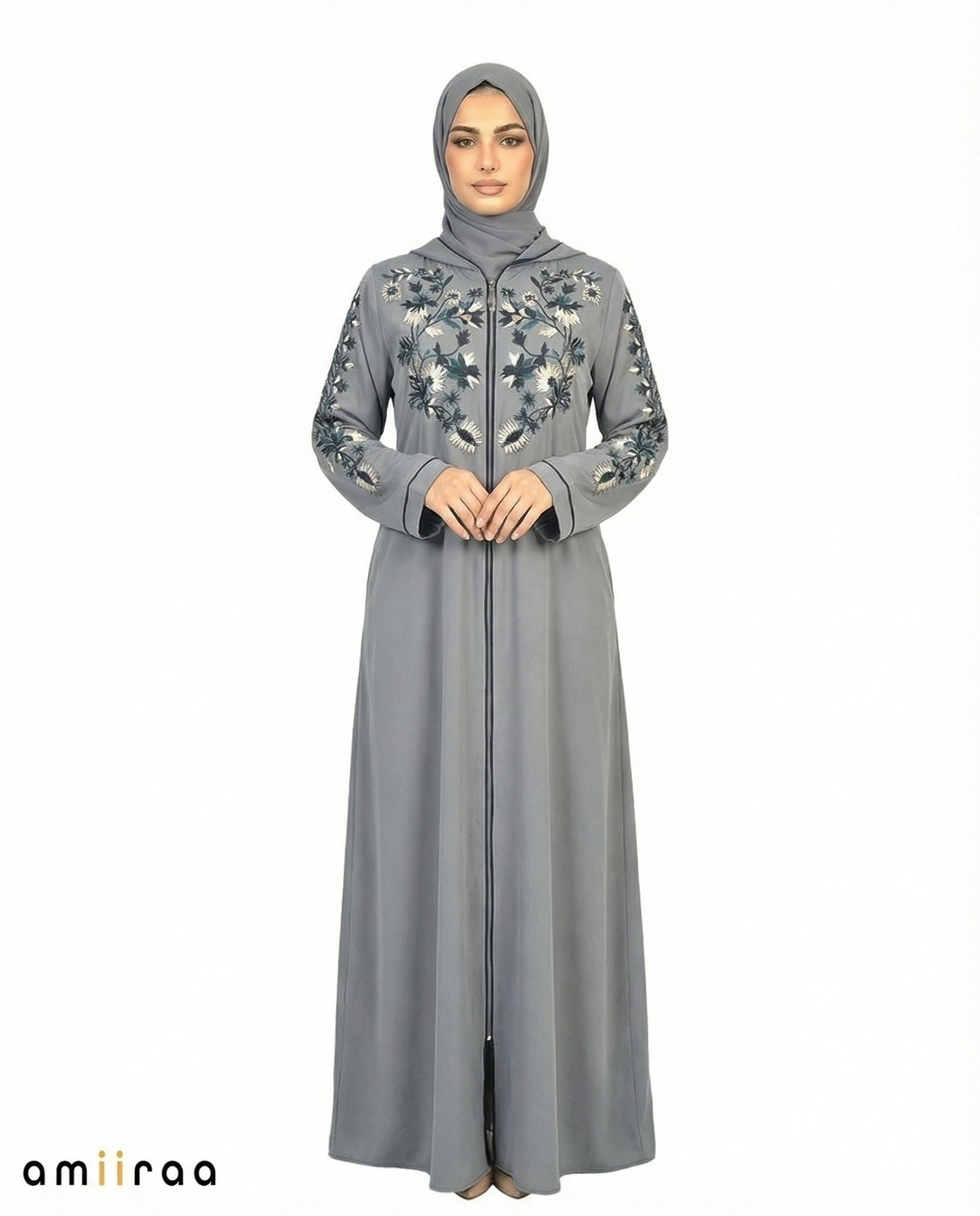 Stormy Weather Garden Embroidered Hooded Zip Abaya