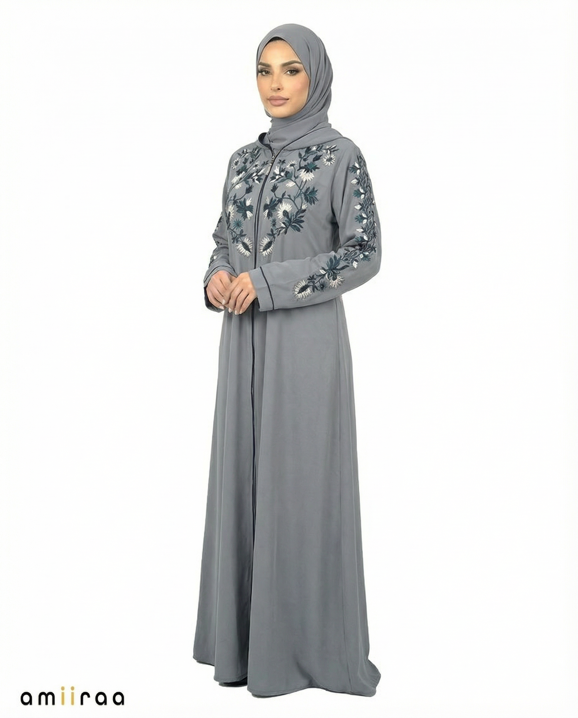 Stormy Weather Garden Embroidered Hooded Zip Abaya