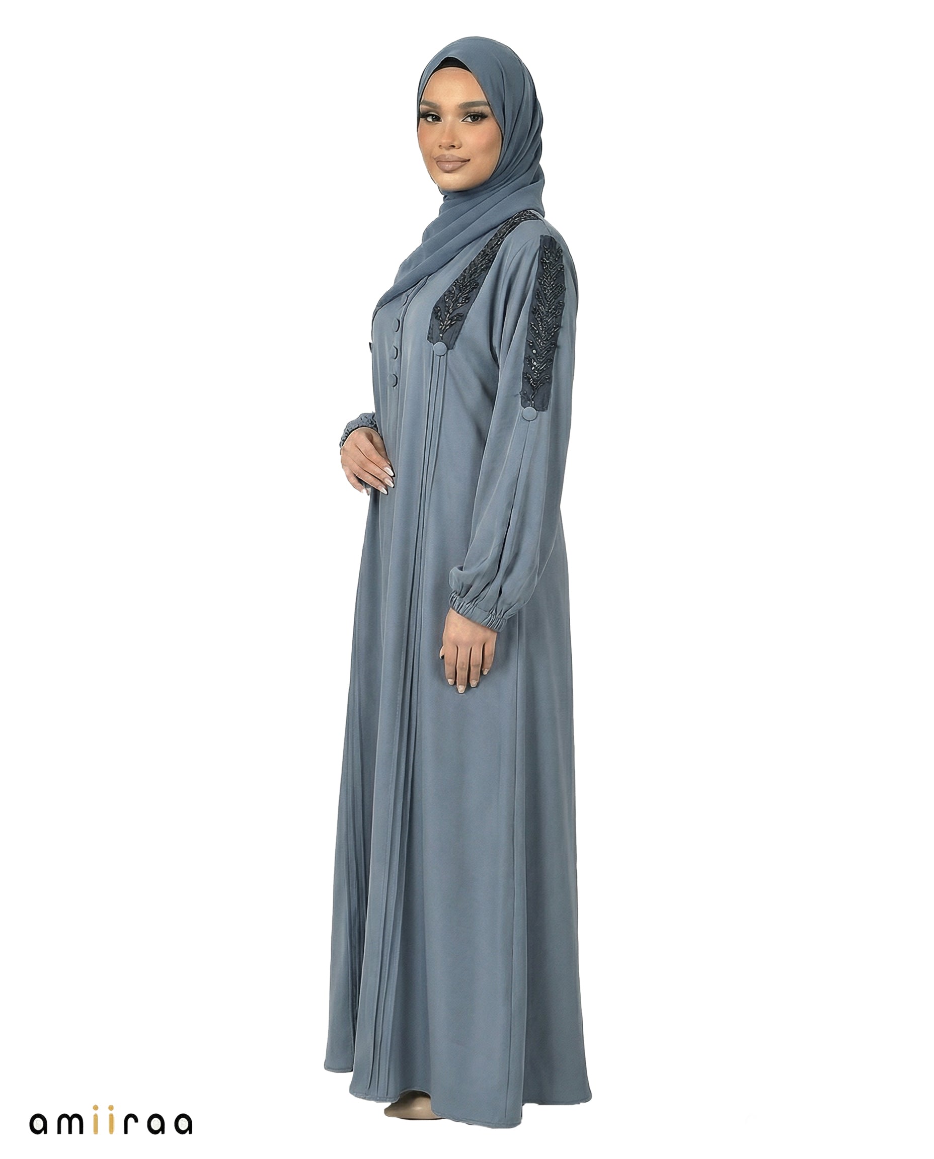 Button Detail Modest Abaya with Braided Trim - Graystone