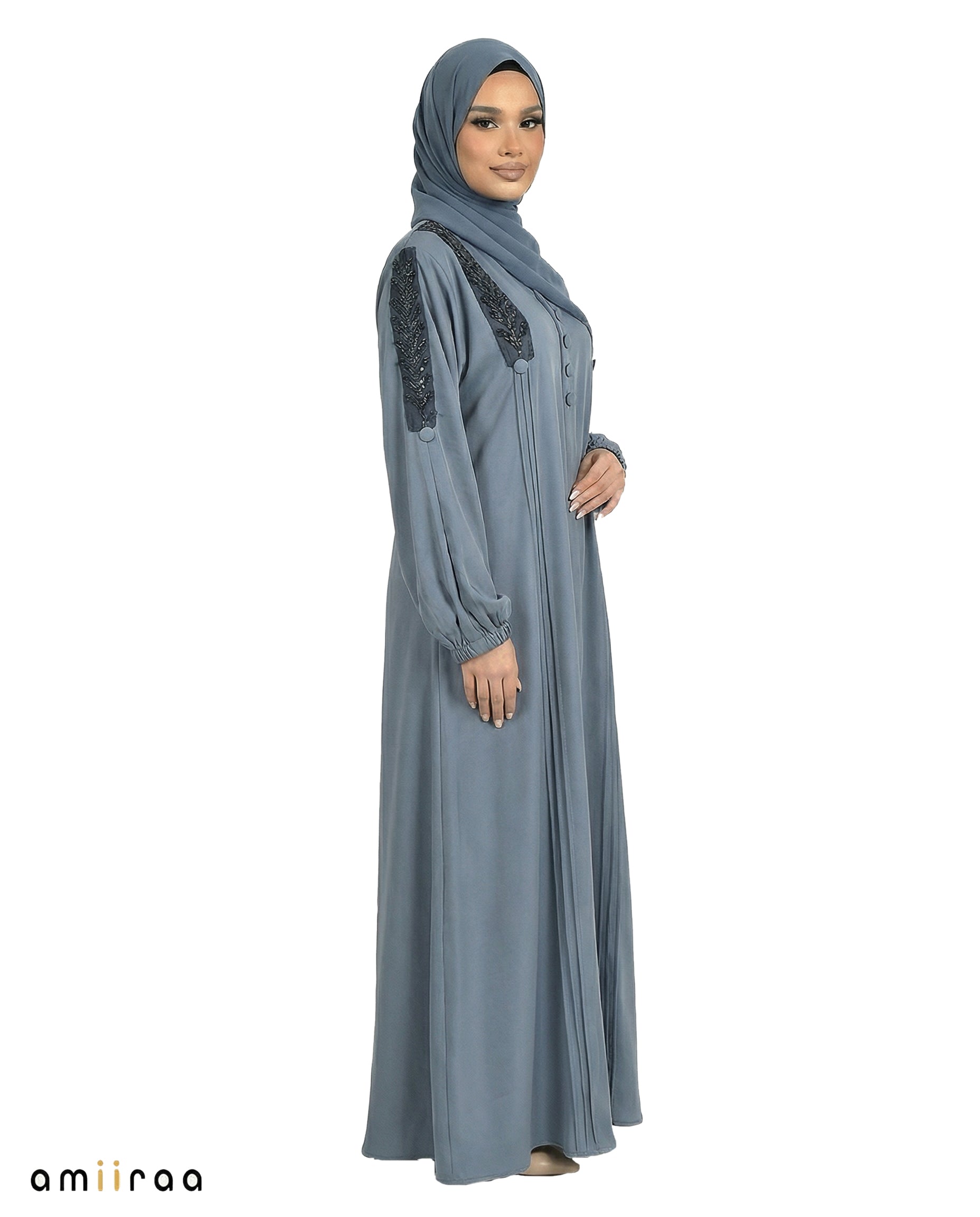 Button Detail Modest Abaya with Braided Trim - Graystone