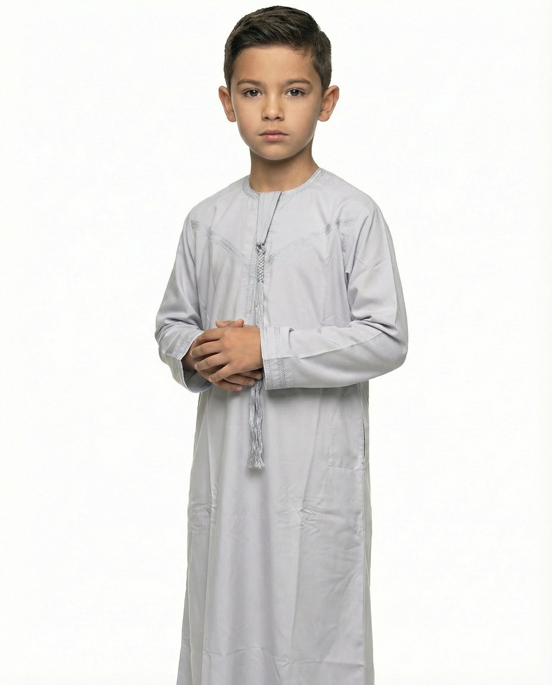 Gray Dawn Emirati Tassel Neck Thobe
