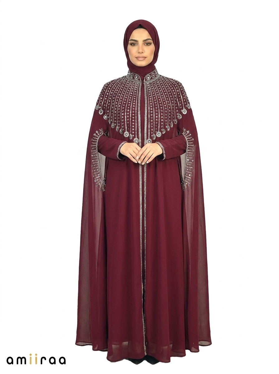 Maroon Banner Elegant Embellished Open Abaya with Sheer Cape