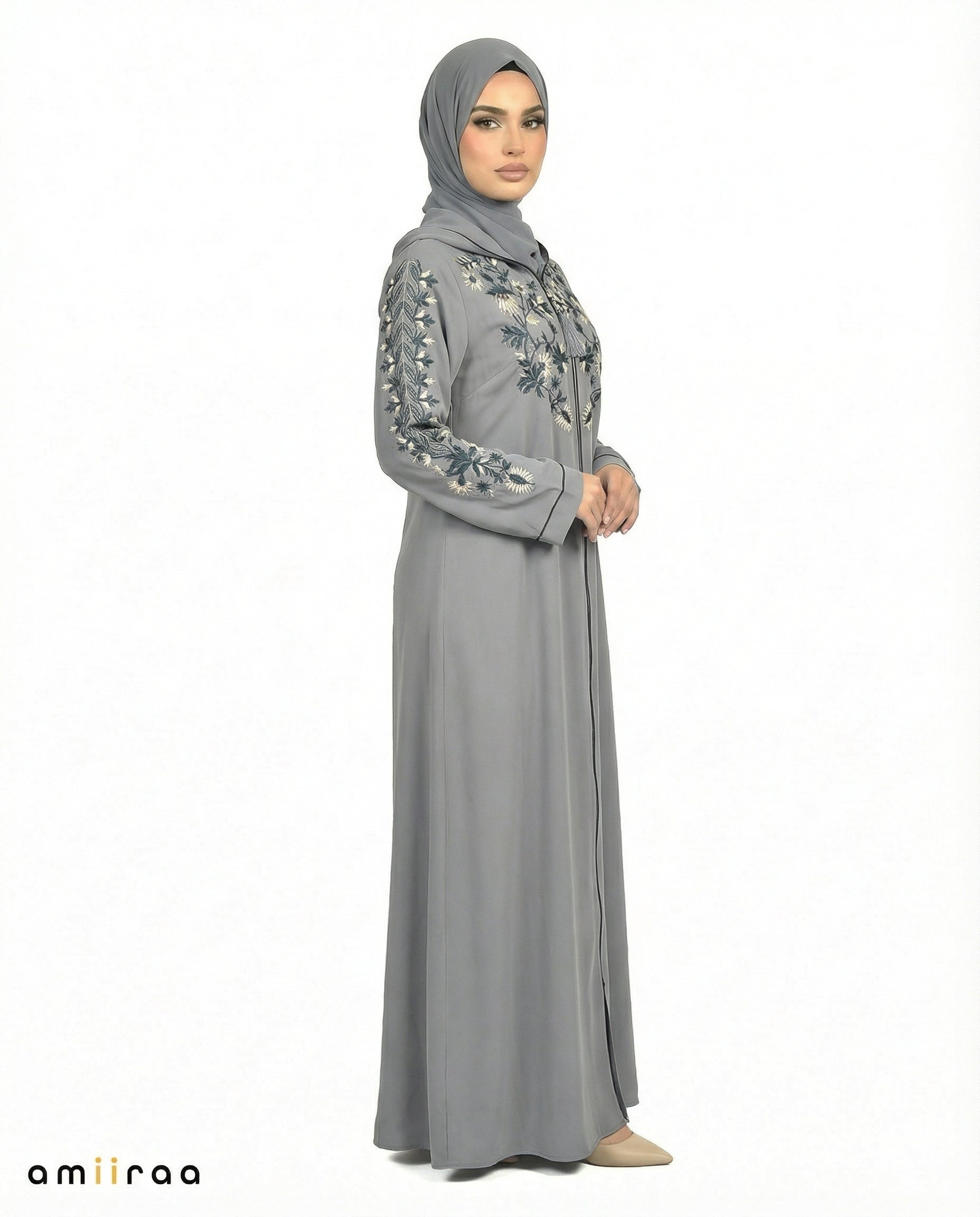 Stormy Weather Garden Embroidered Hooded Zip Abaya