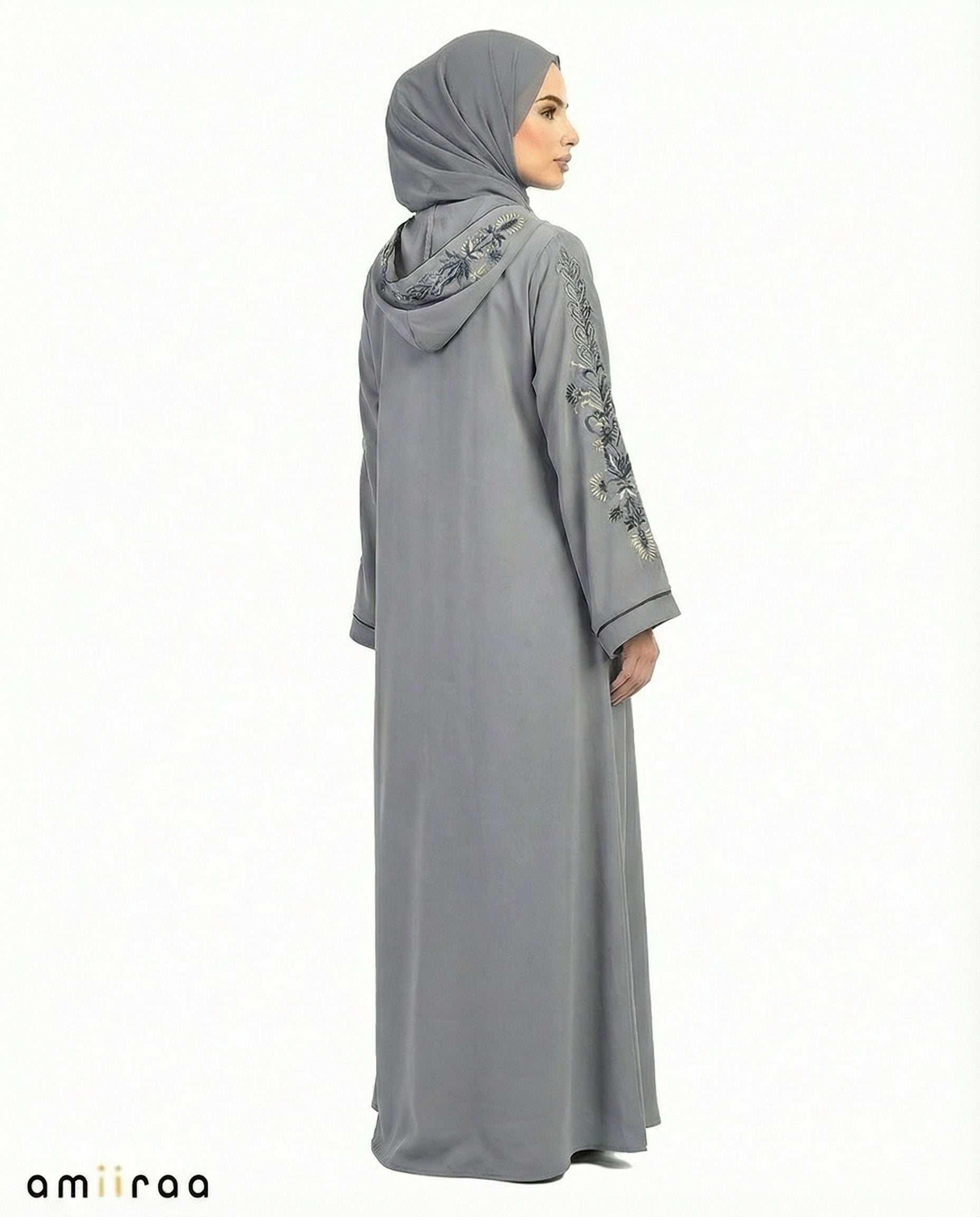 Stormy Weather Garden Embroidered Hooded Zip Abaya