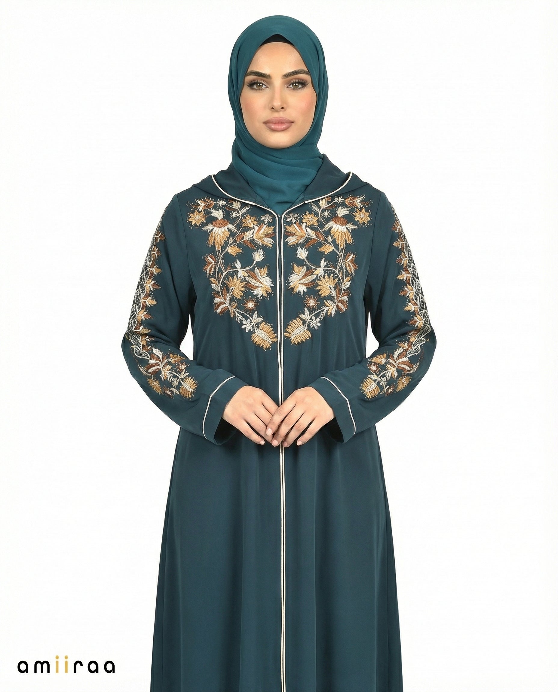 Reflecting Pond Garden Embroidered Hooded Zip Abaya
