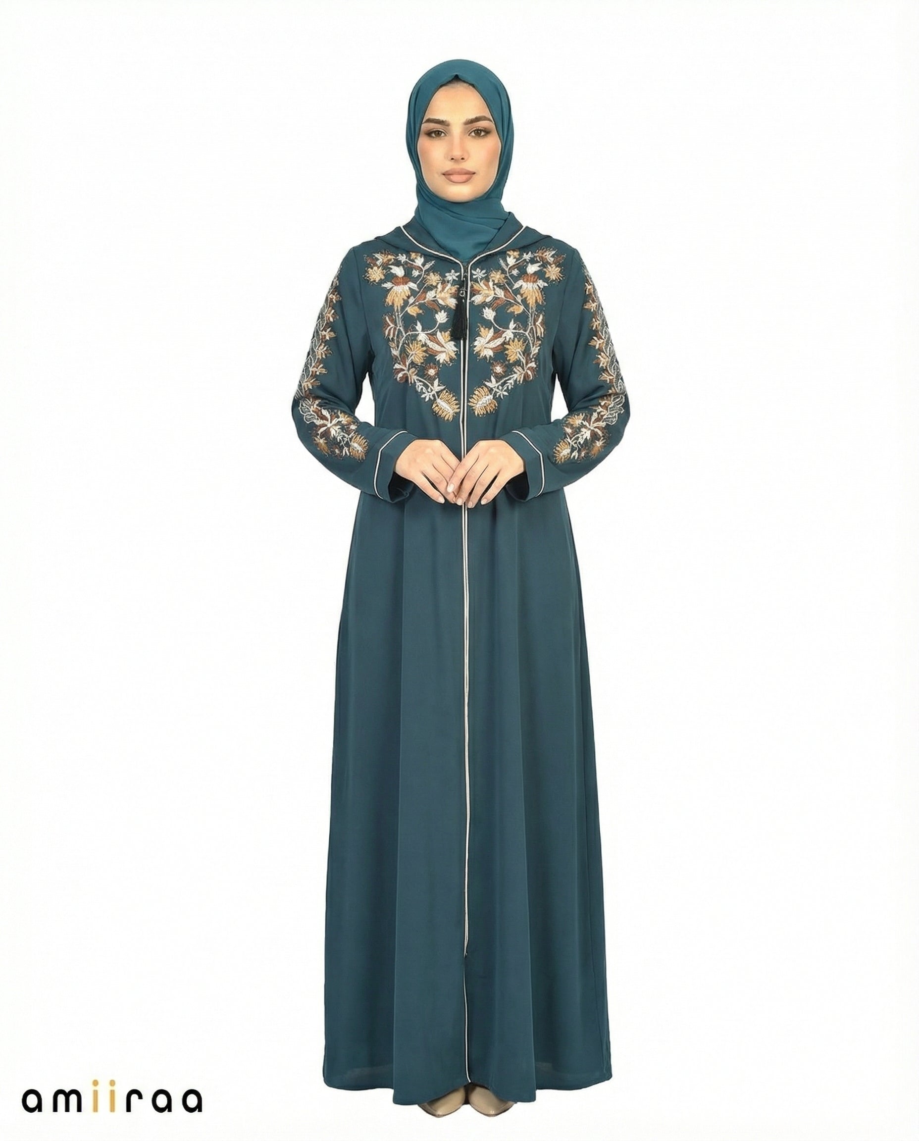Reflecting Pond Elegant Floral Embroidered Hooded Abaya