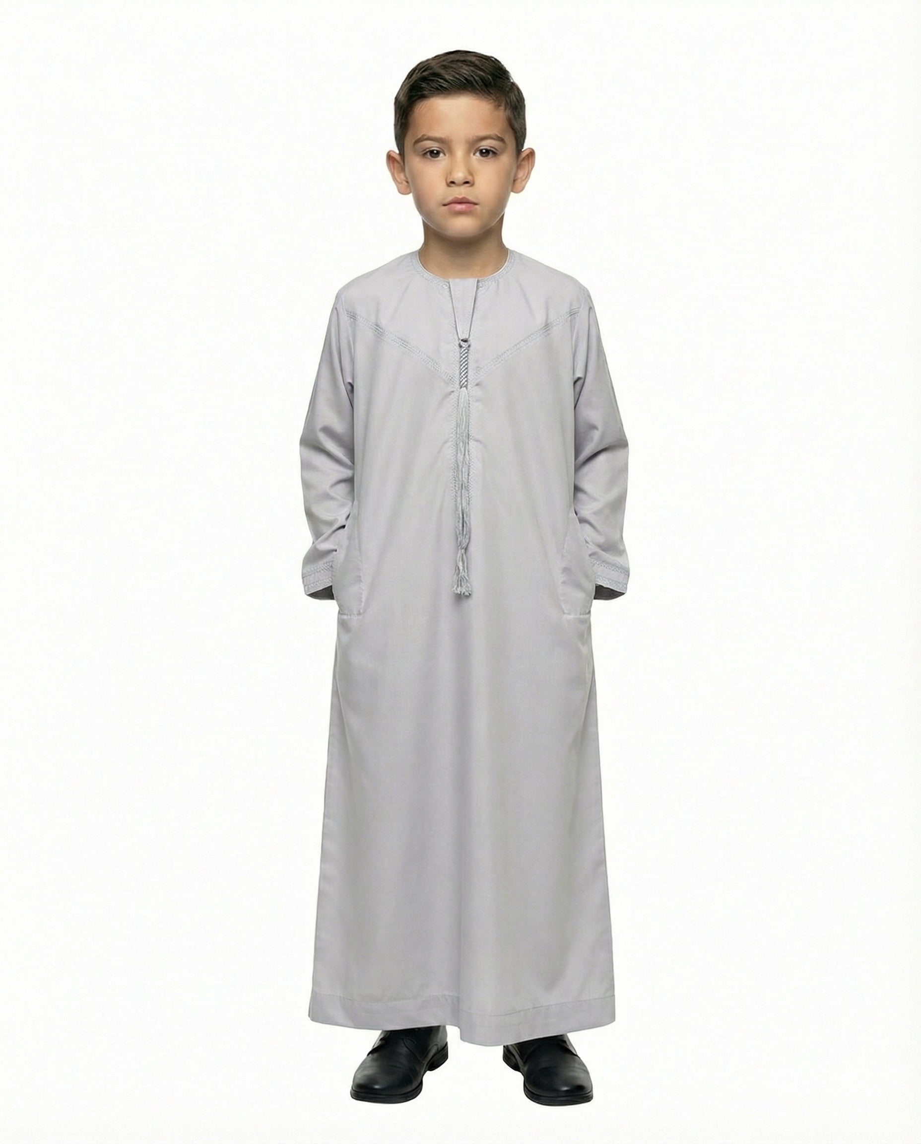 Gray Dawn Emirati Tassel Neck Thobe