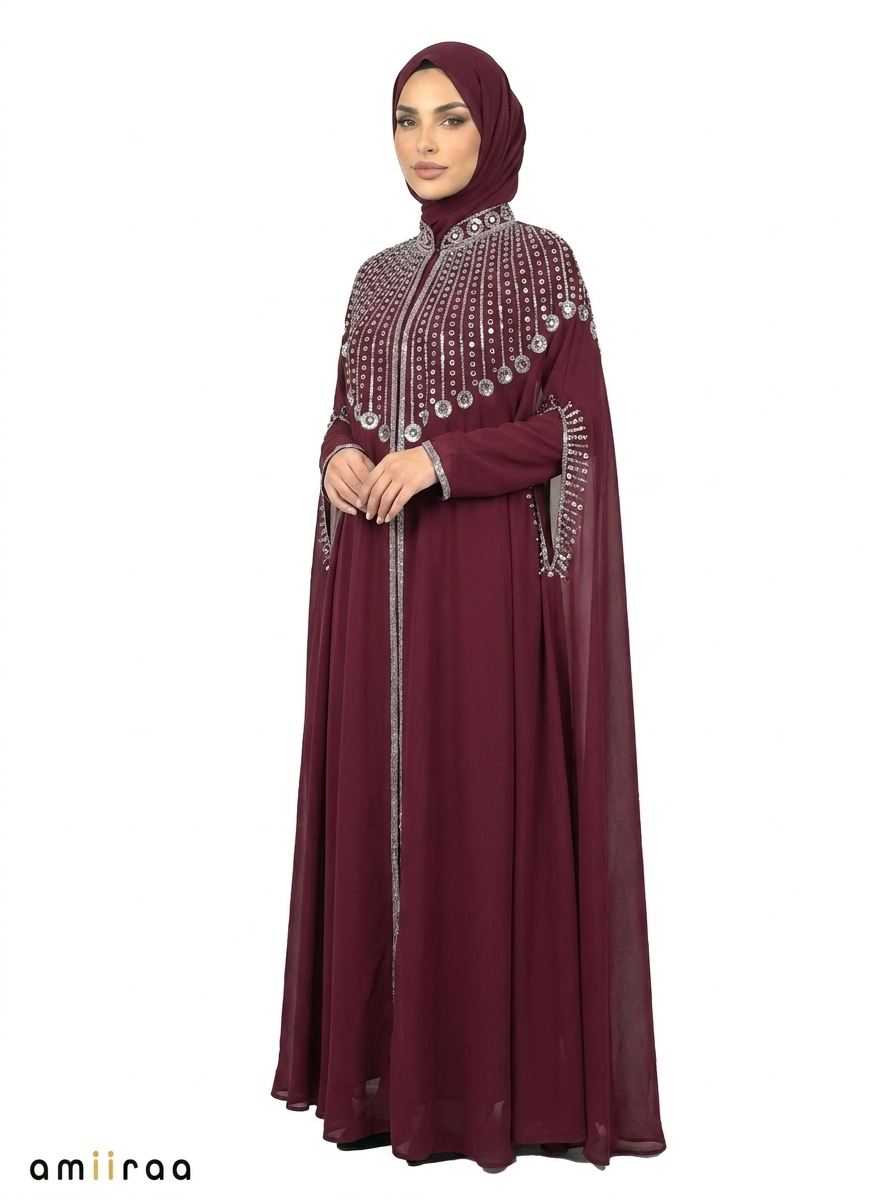 Maroon Banner Elegant Embellished Open Abaya with Sheer Cape