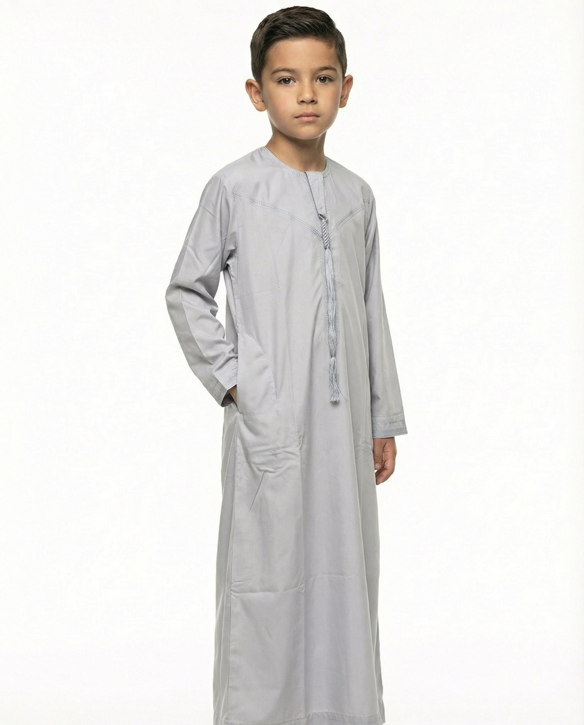 Gray Dawn Emirati Tassel Neck Thobe