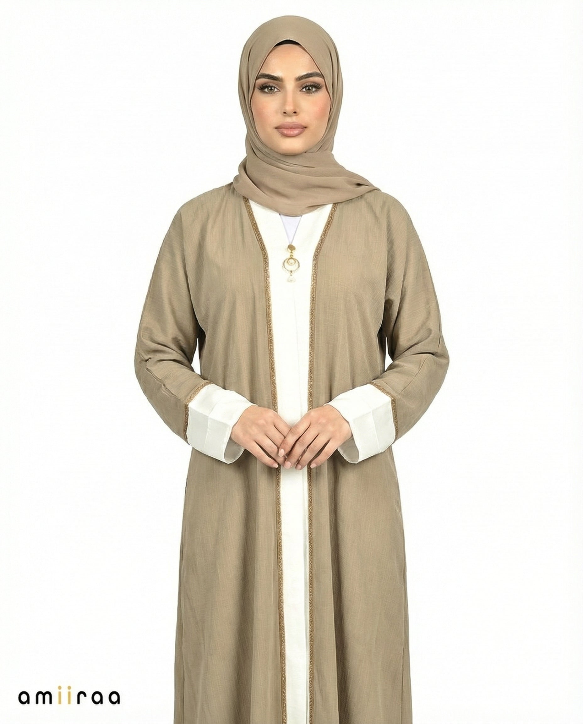 Moss Grey Modest Gold Trim Abaya