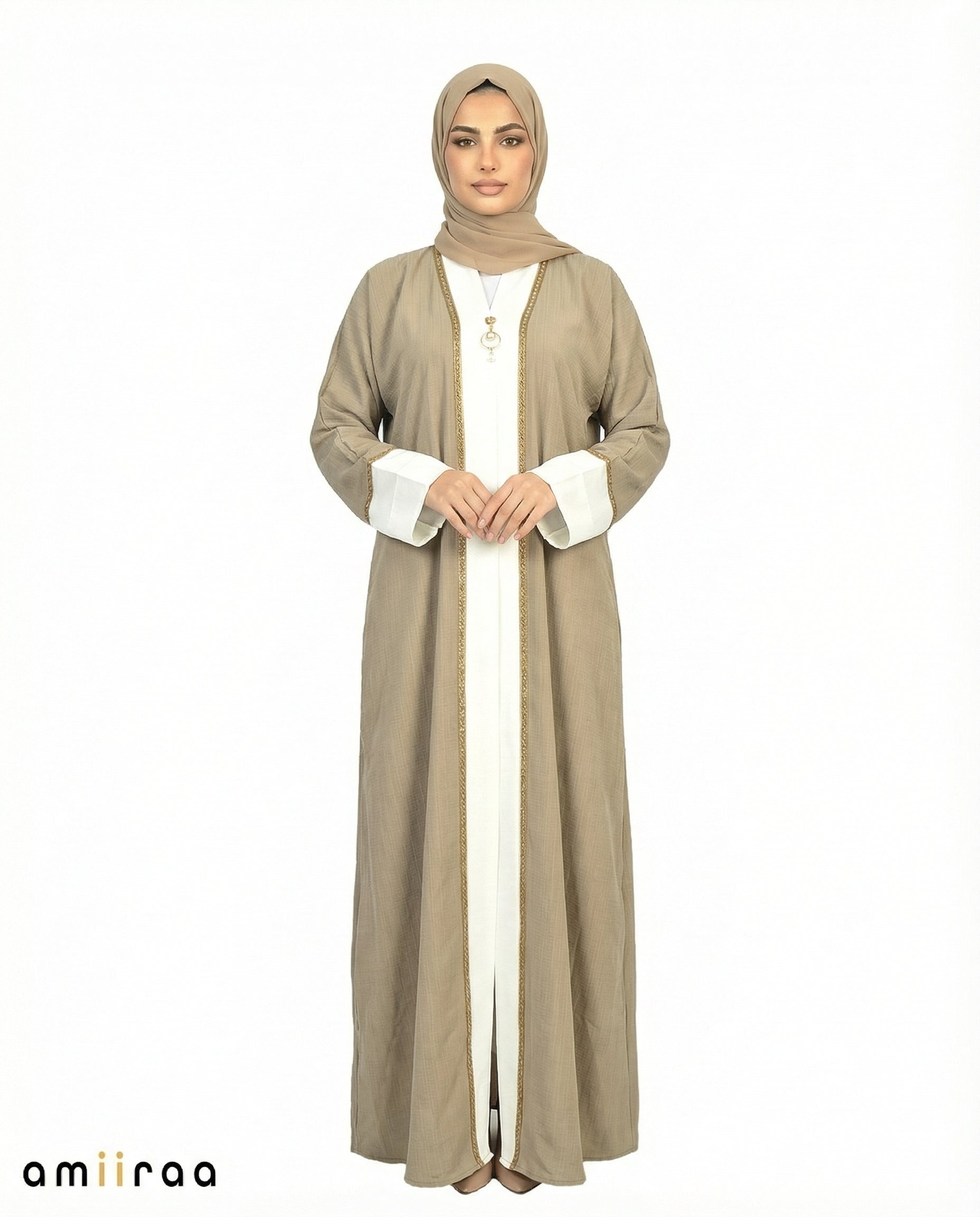Moss Grey Modest Gold Trim Abaya