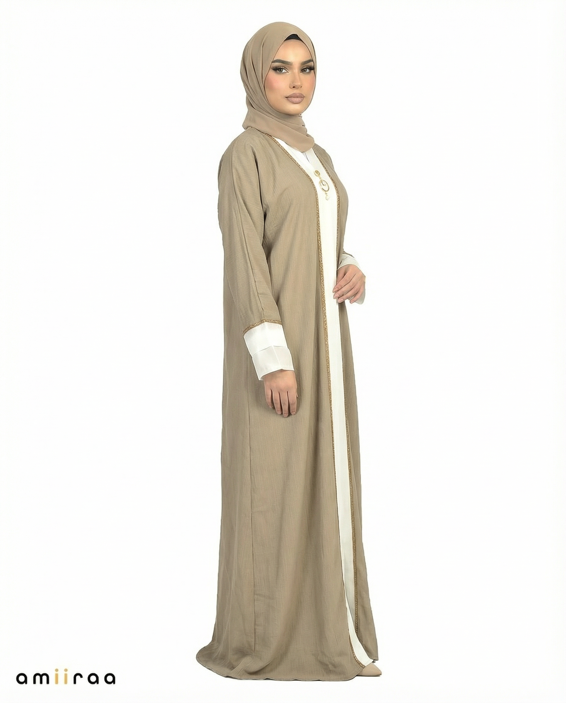 Moss Grey Modest Gold Trim Abaya