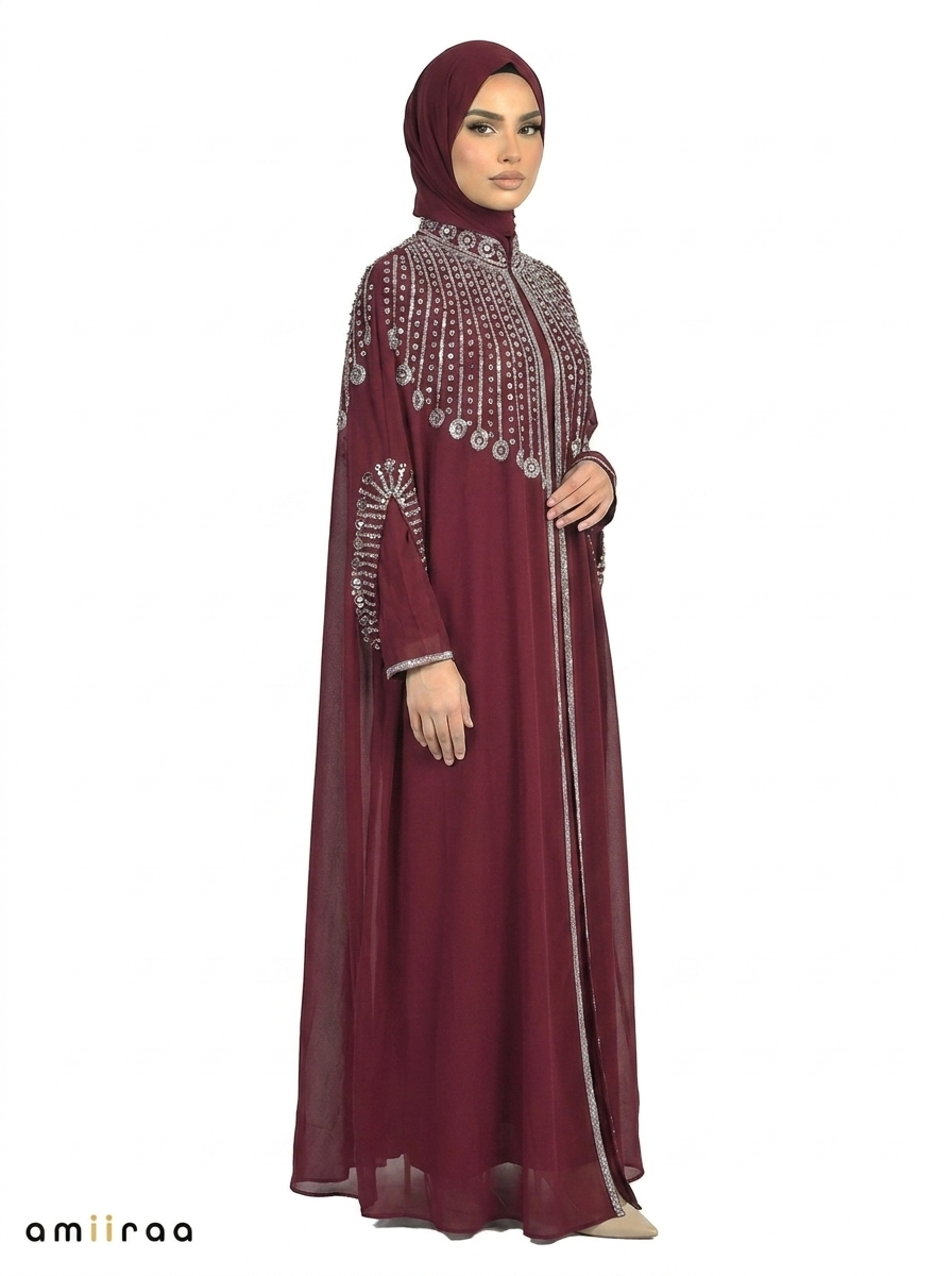 Maroon Banner Elegant Embellished Open Abaya with Sheer Cape