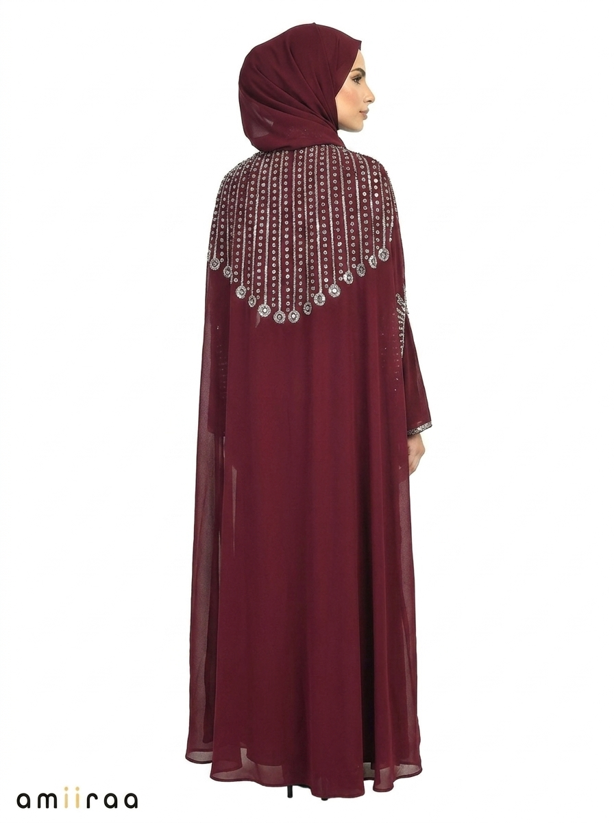 Maroon Banner Elegant Embellished Open Abaya with Sheer Cape