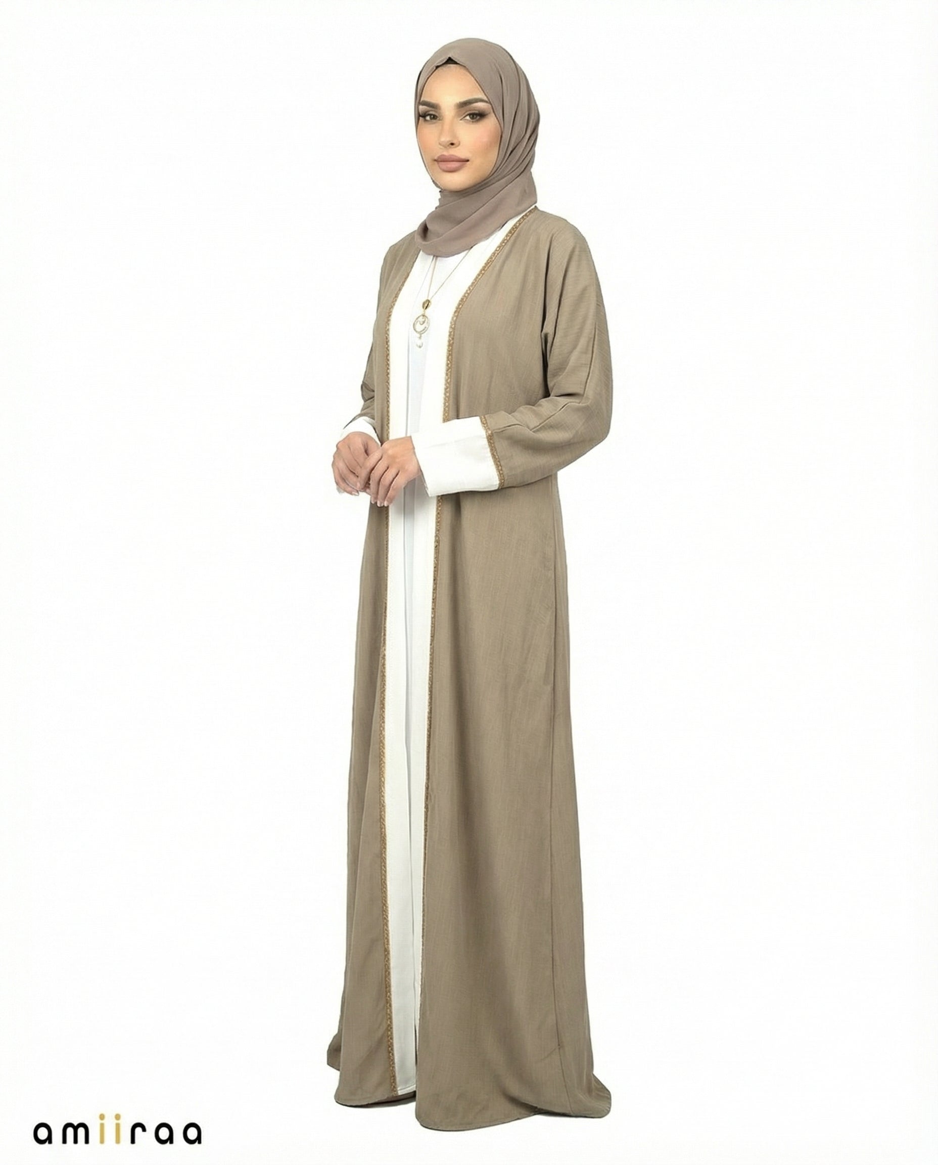 Moss Grey Modest Gold Trim Abaya