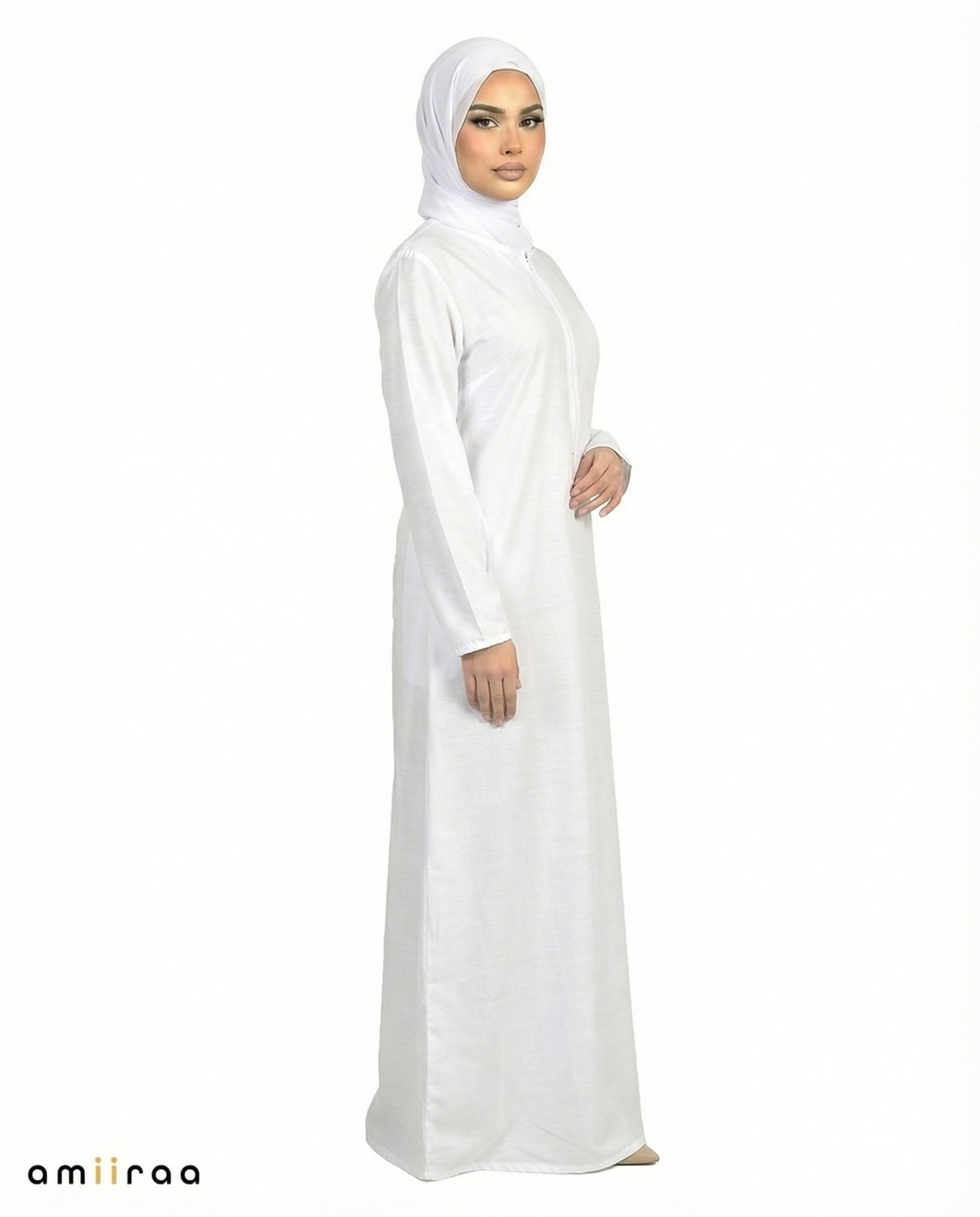 Brilliant White Classic Modest Zip-Front Ladies Ihram Dress