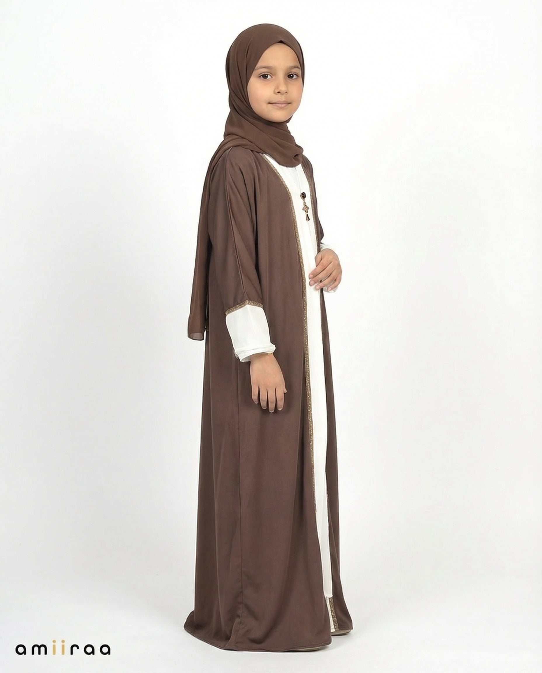 Coffee Quaetz Elegant Open Abaya with Gold Trim Detailing