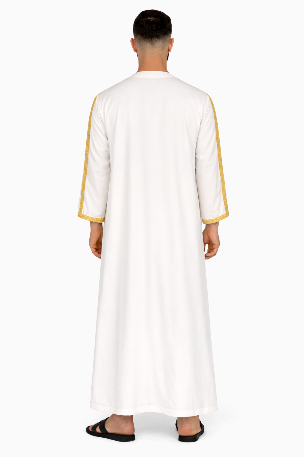 White Alyssum Moroccan Thobe Kaftan with Gold Trim
